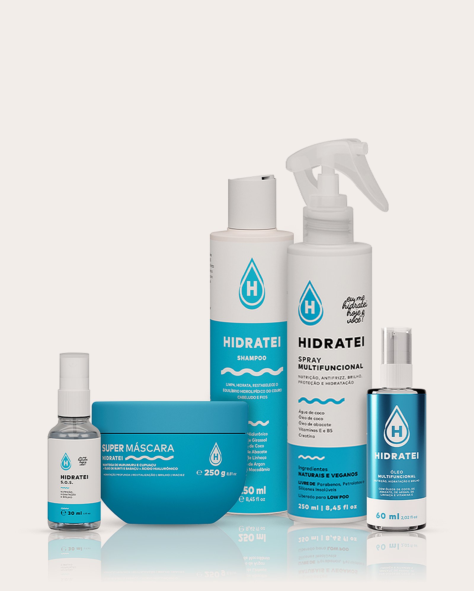 Kit shampoo 250ml + leave-in 250ml + óleo capilar 60ml + máscara capilar 250g + máscara líquida 30ml | Hidratei
