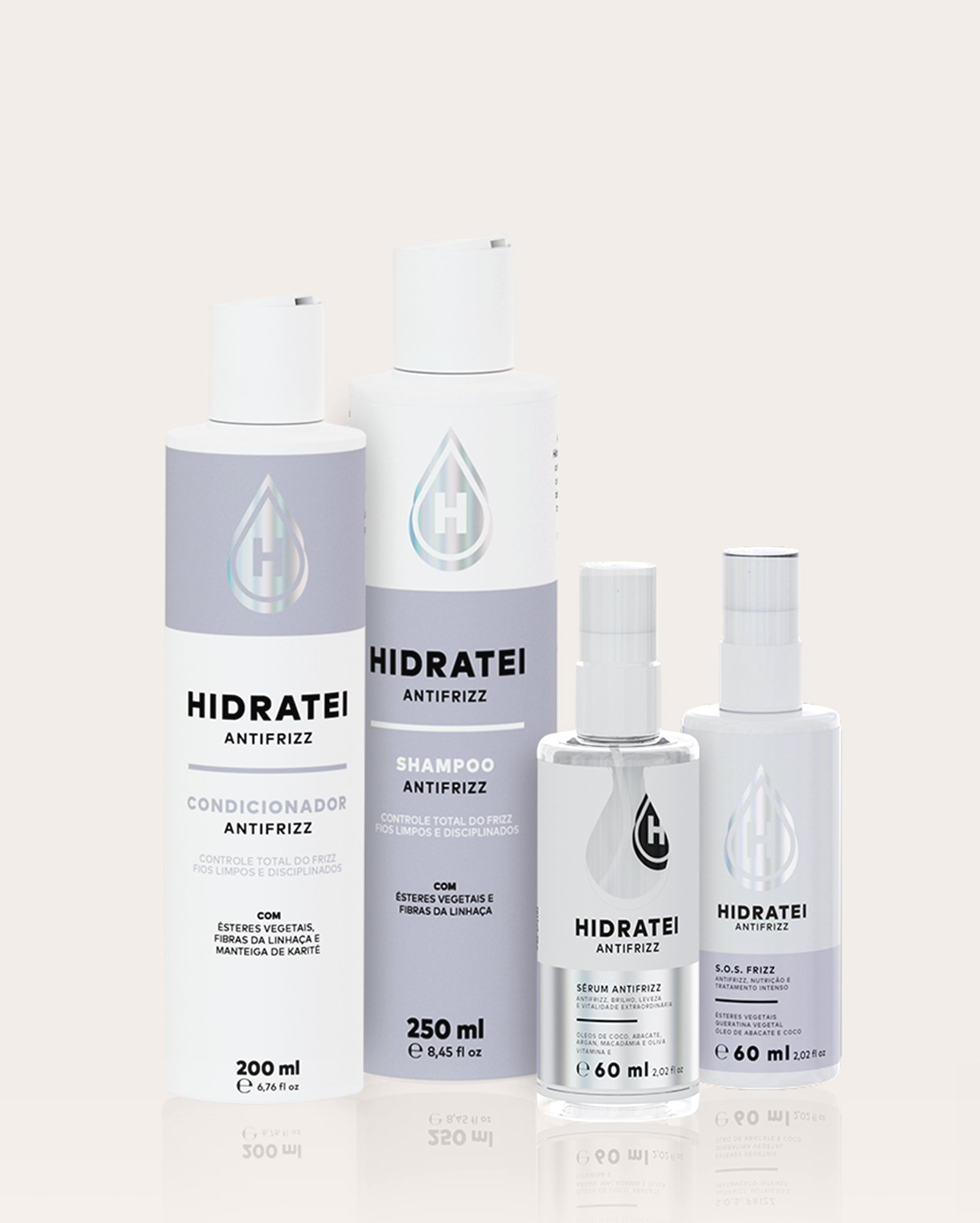 Kit shampoo 250ml + condicionador 200ml + máscara líquida 60ml + sérum Antifrizz 60ml | Hidratei