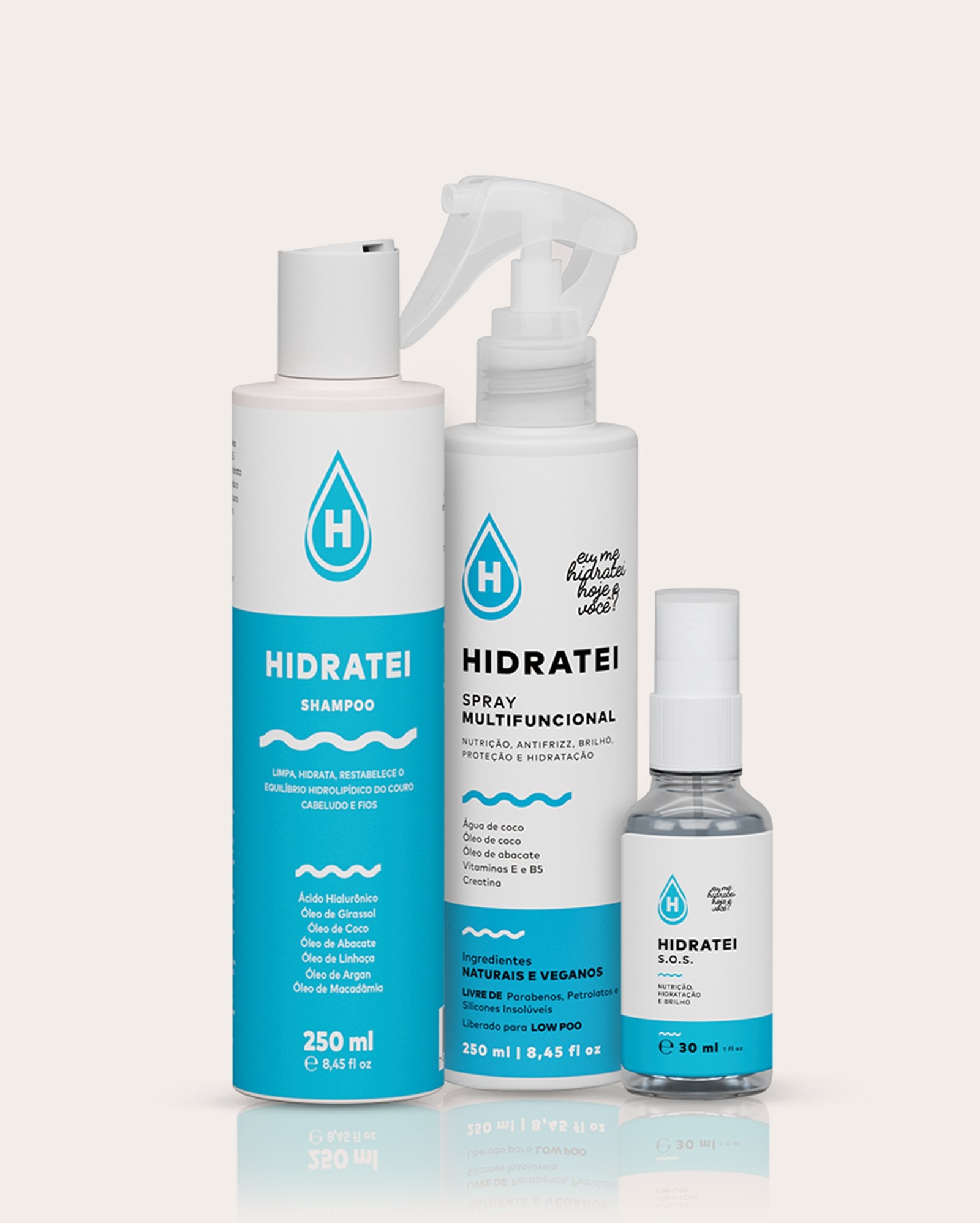 Kit shampoo 250ml + leave-in spray 250ml + máscara líquida SOS 30ml | Hidratei