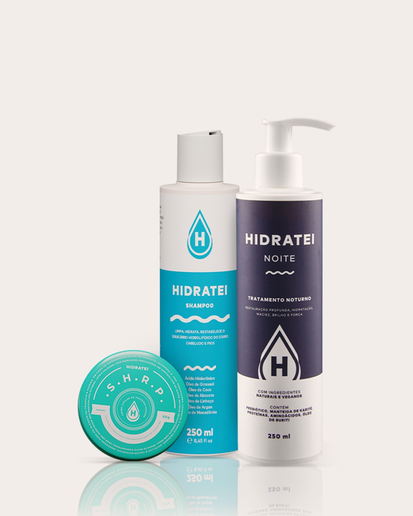 Kit shampoo 250ml + creme capilar noite 250ml + creme de proteína vegana SHRP 50g | Hidratei