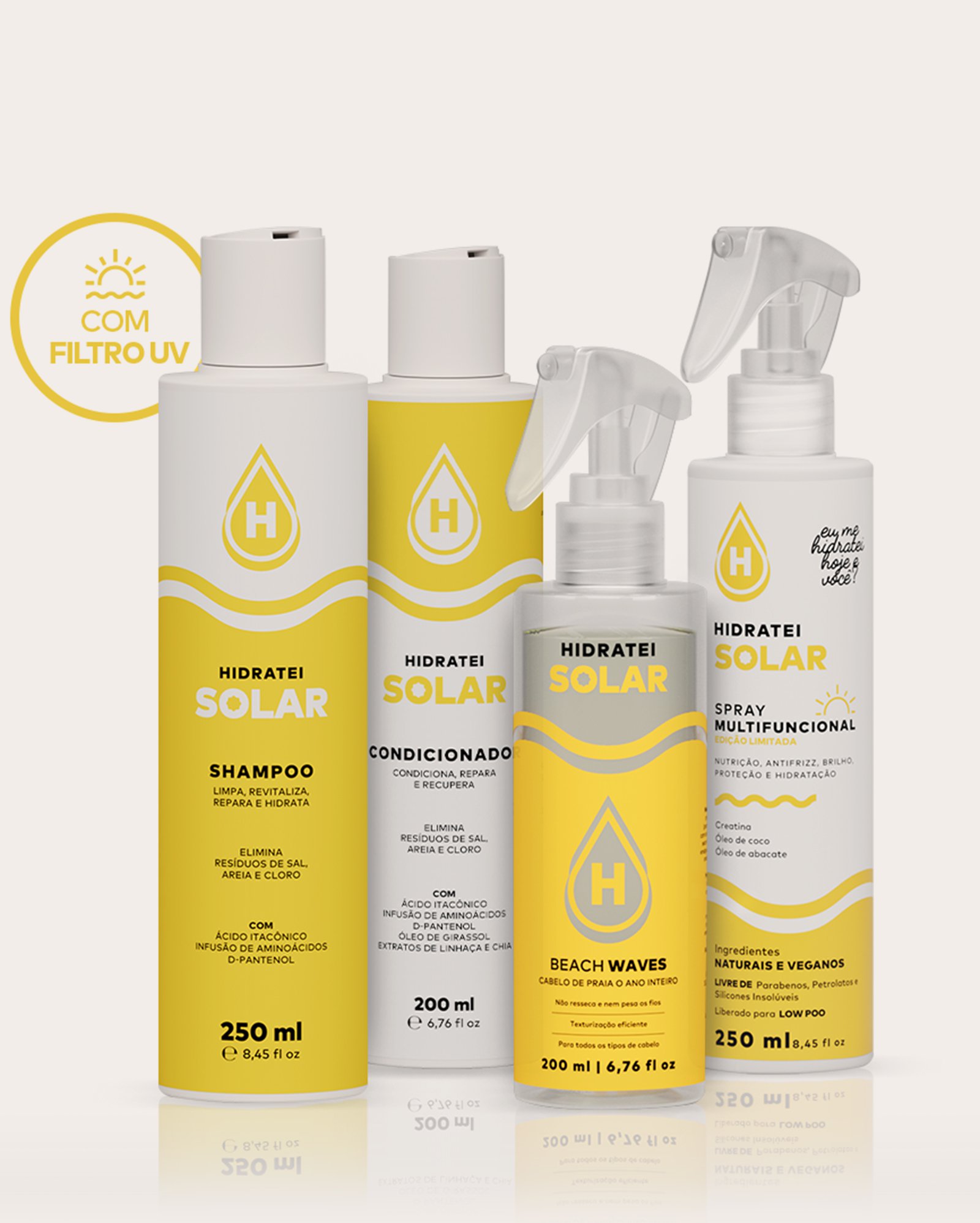 Kit shampoo 250ml + condicionador 200ml + spray multifuncional 250ml + spray Beach Waves Solar 200ml | Hidratei