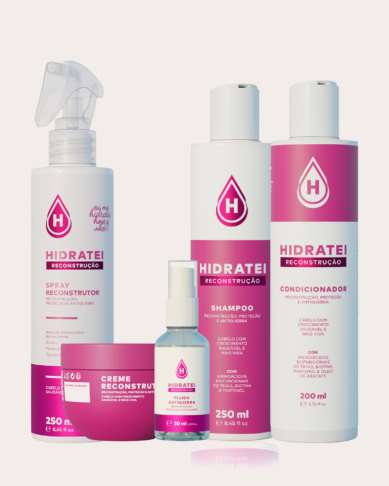 Kit shampoo 250ml + condicionador 200ml + leave-in 250ml + creme capilar 250g + fluido Reconstrutor 30ml | Hidratei