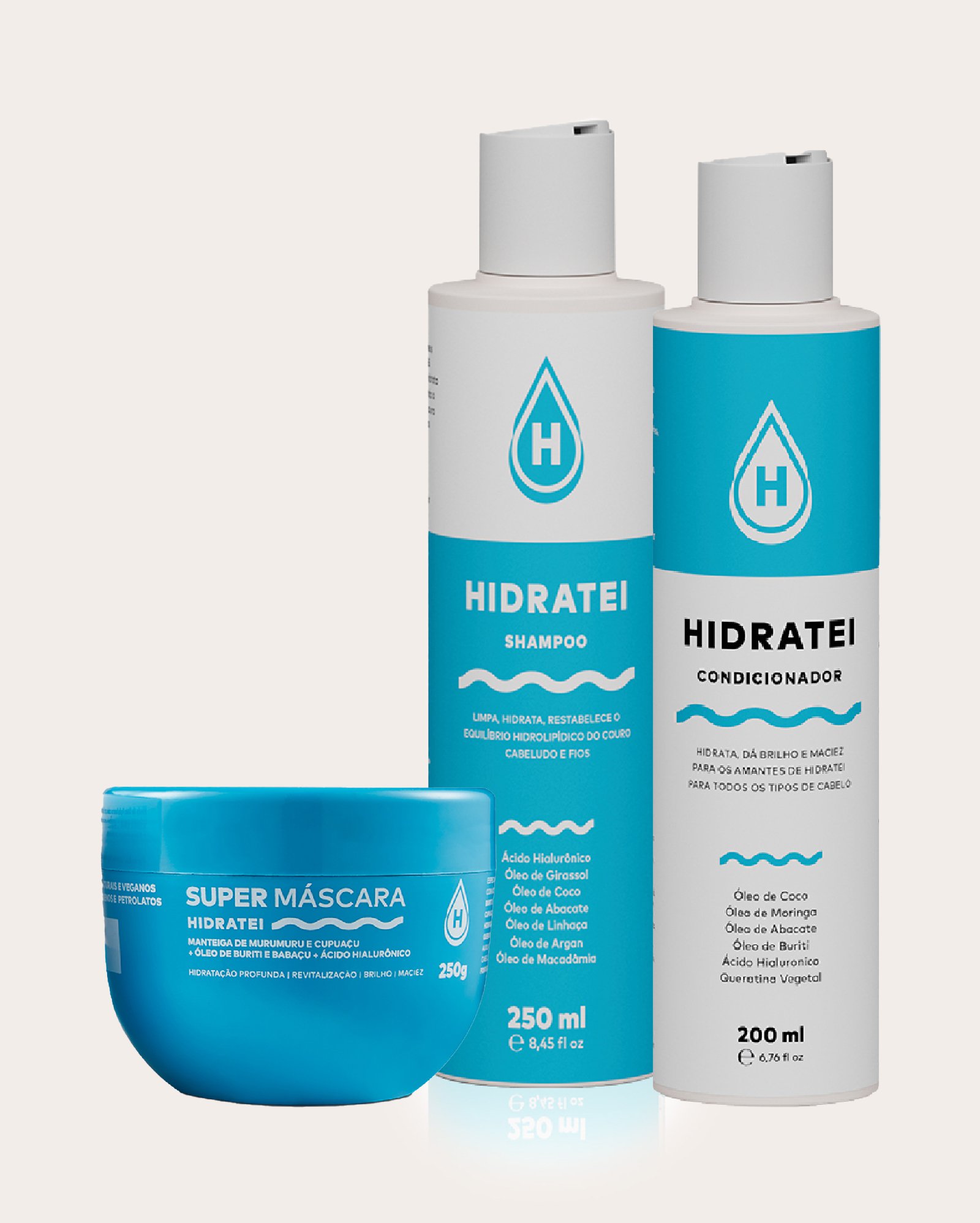 Kit shampoo 250ml + condicionador 200ml + máscara capilar 250g | Hidratei