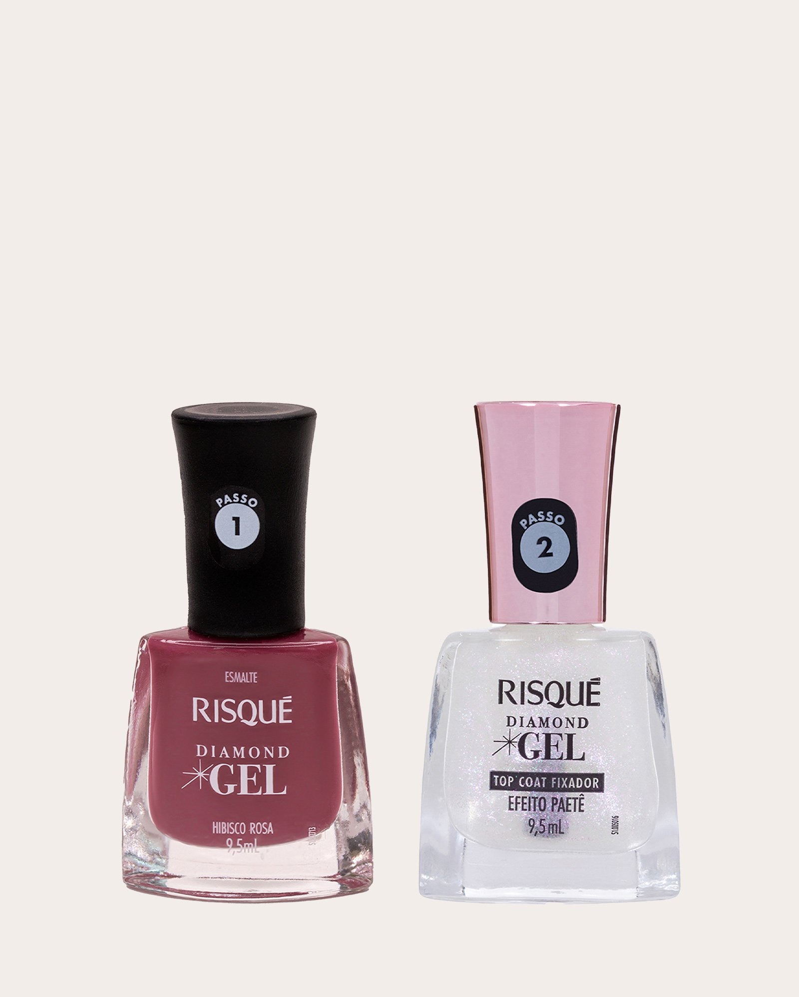 Kit esmalte Diamond Gel Hibisco Rosa 9,5ml + top coat efeito paetê 9,5ml | Risqué