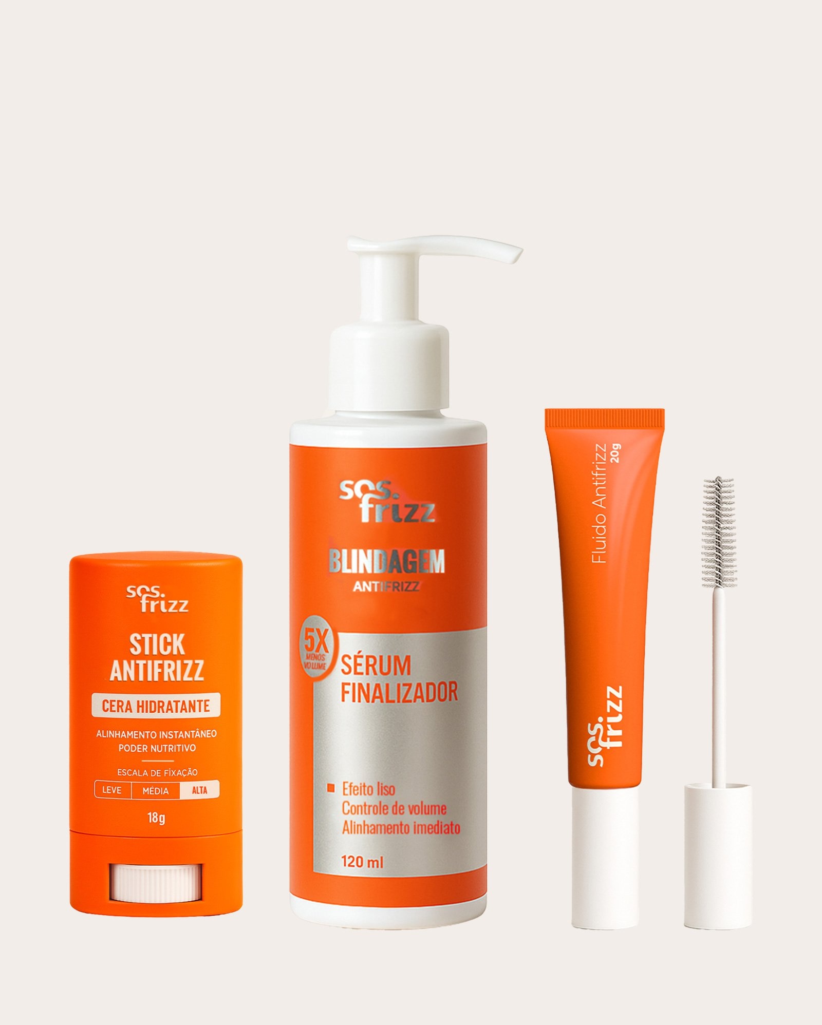 Kit sérum capilar 120ml + cera em stick 18g + fluido capilar antifrizz 20g | SOS Frizz