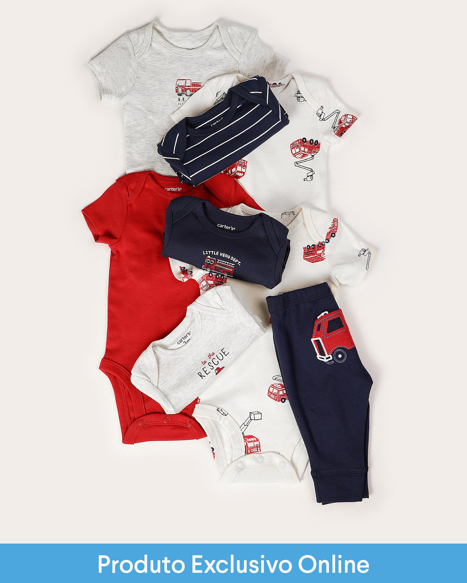 Enxoval bebê body 5 peças + conjunto longo bebê 3 peças bombeiro + caixa de presente M multicor | Carter's