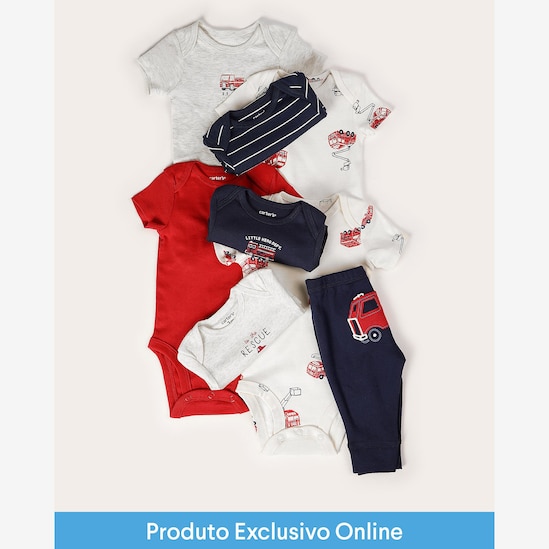 Enxoval bebê body 5 peças + conjunto longo bebê 3 peças bombeiro + caixa de presente M multicor | Carter's