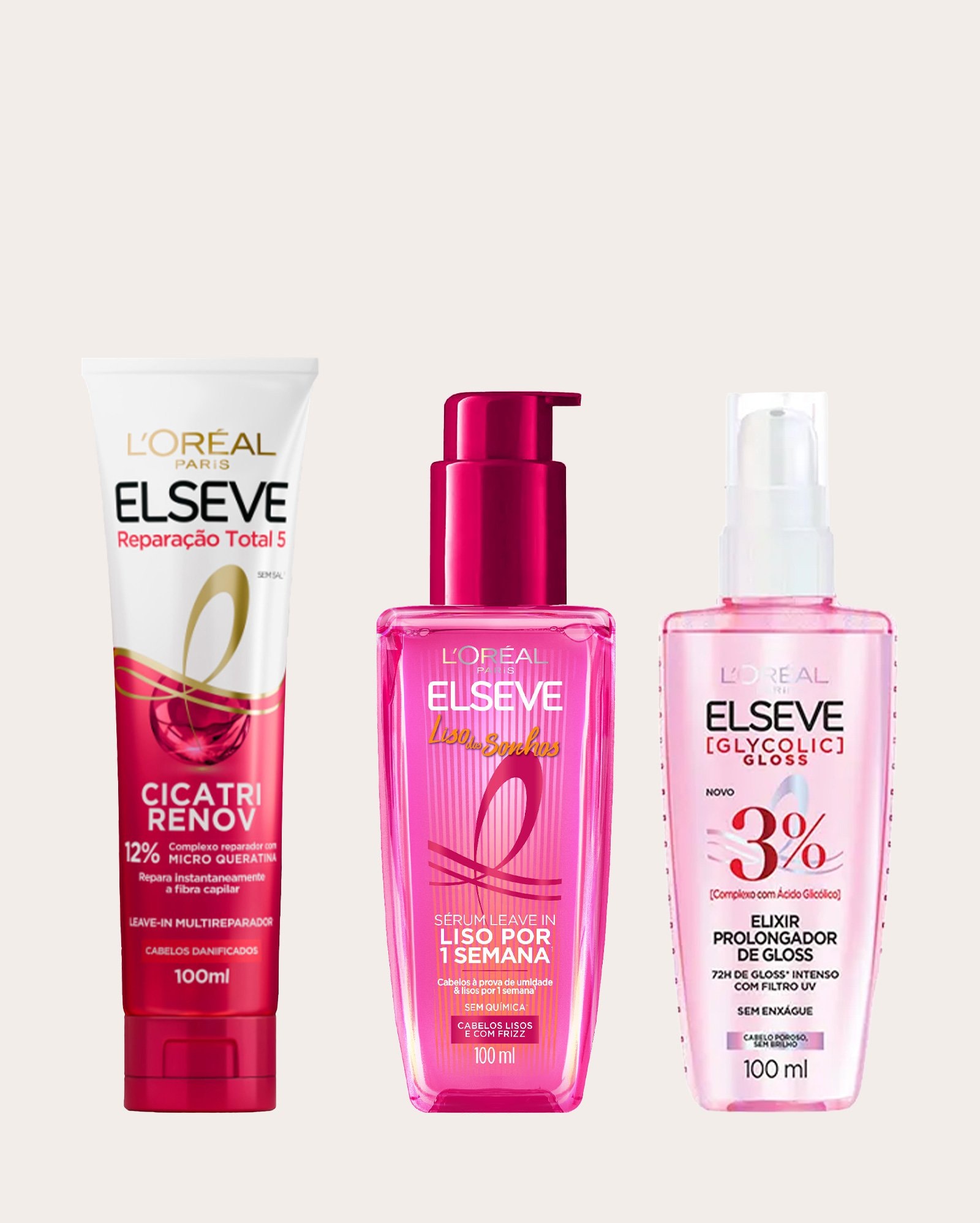 Kit sérum Liso dos Sonhos 100ml + óleo Extraordinário Reconstrutor 100ml + sérum Gloss Elixir Elseve 10ml | L'oréal Paris