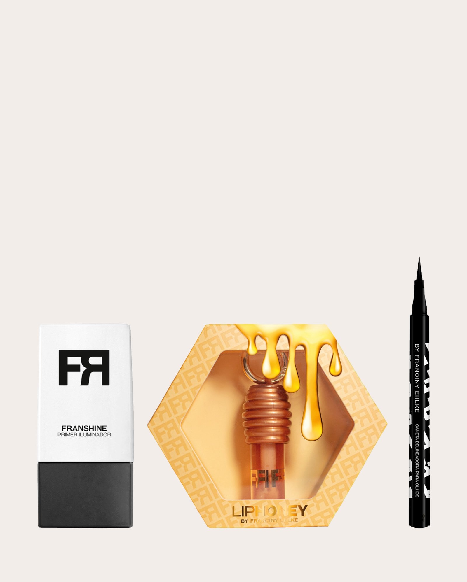 Kit primer facial Franshine 28g + caneta delineadora Pullpen 9g + gloss labial Lip Honey âmbar 5g | Fran by Franciny Ehlke