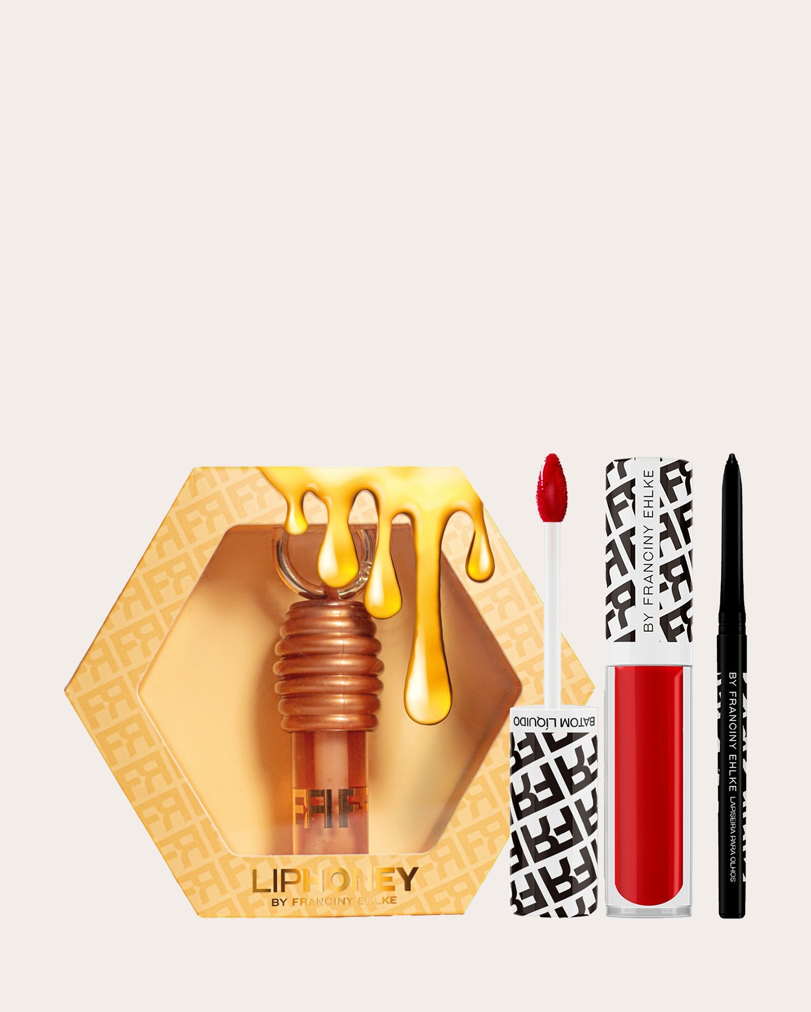 Kit gloss labial Lip Honey âmbar 5g + batom líquido Sensualizani 5ml + lapiseira retrátil PullPencil preta 7g | Fran by Franciny Ehlke