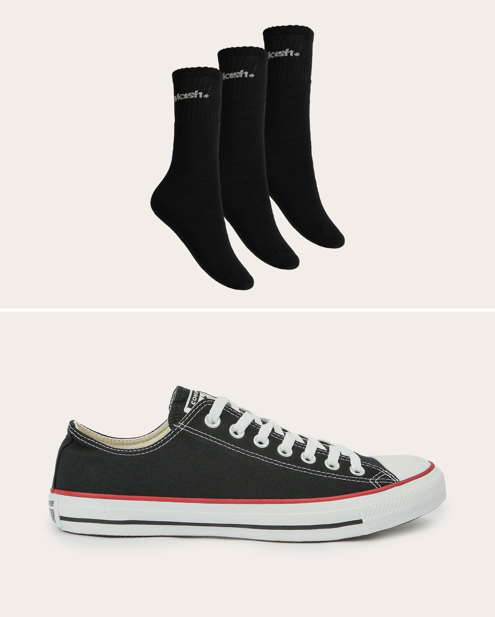 Kit meia esportiva masculina 3 pares preta Mash + tênis cano curto Chuck Taylor preto Converse All Star