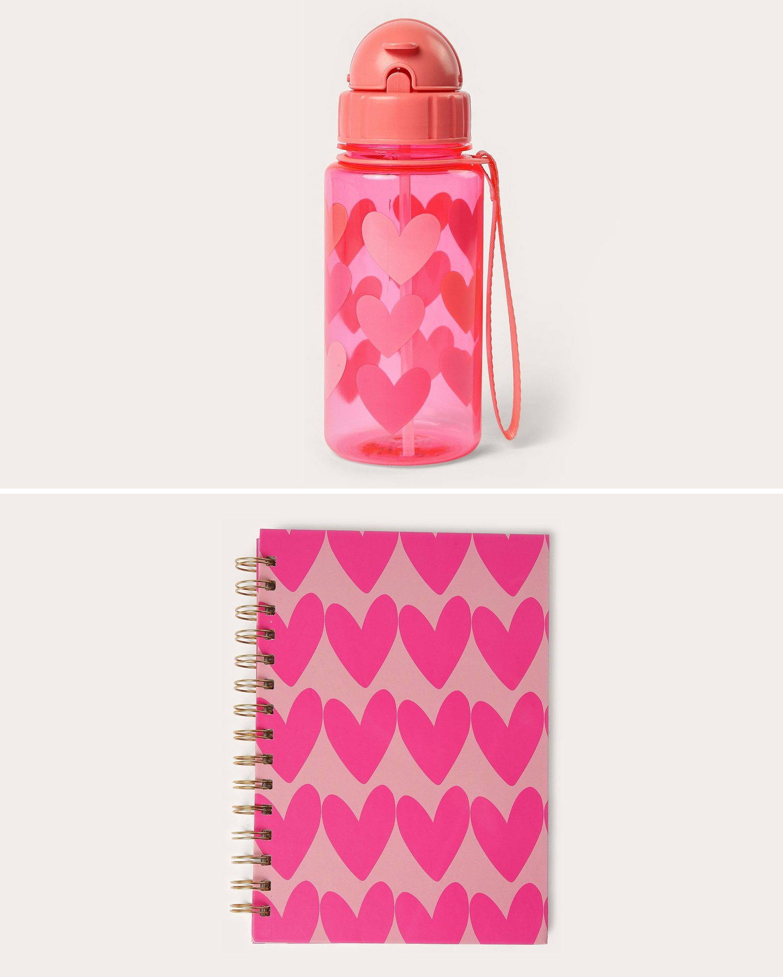 Kit garrafa squeeze 450ml + caderno espiral corações rosa