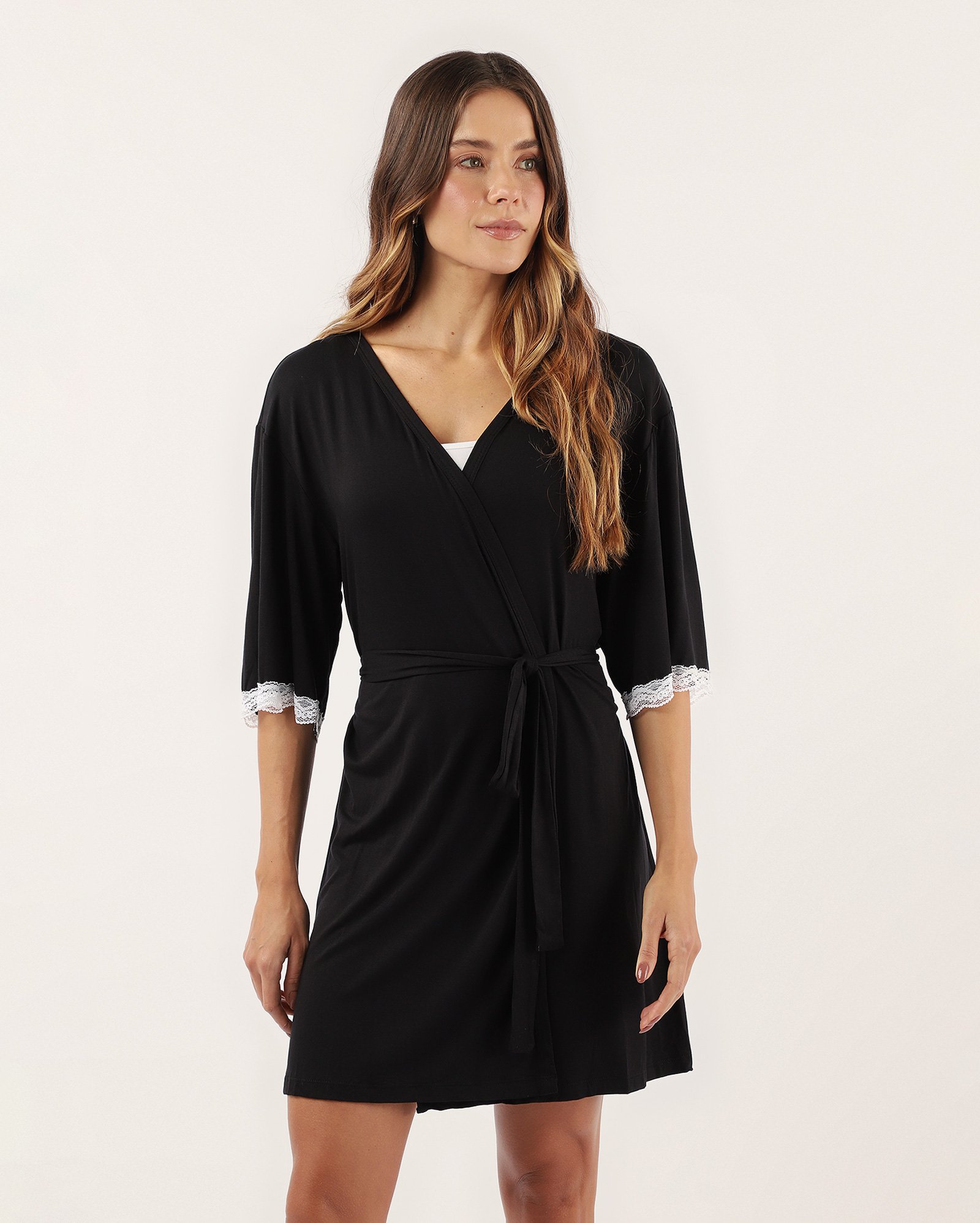 Kit camisola + robe feminino em viscose com renda preto
