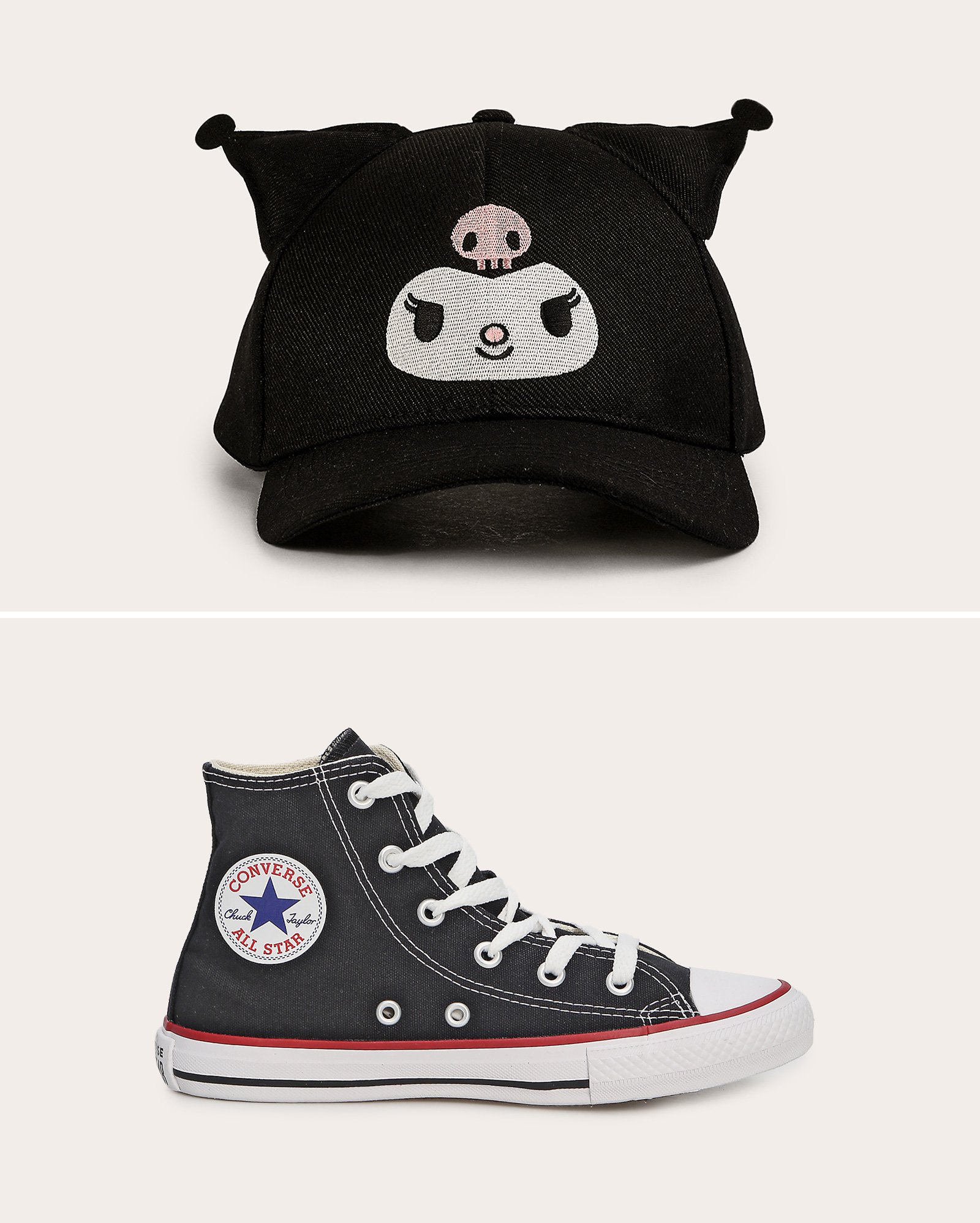 Kit boné juvenil Kuromi preto Sanrio + tênis infantil Chuck Taylor preto Converse All Star