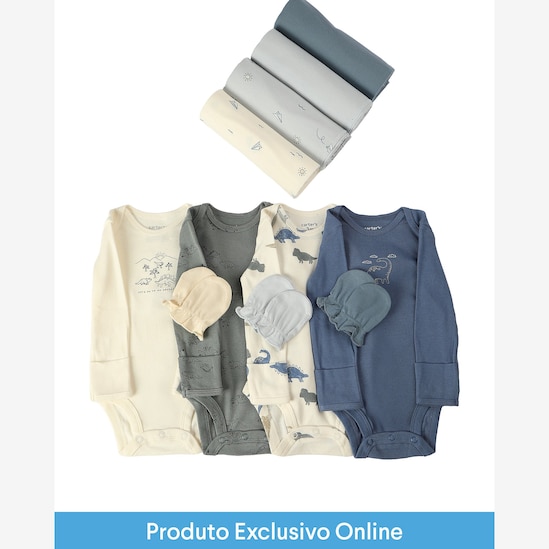Enxoval bebê body 4 peças + kit luva 3 pares + kit cueiro 4 peças + caixa de presente M multicor | Carter's