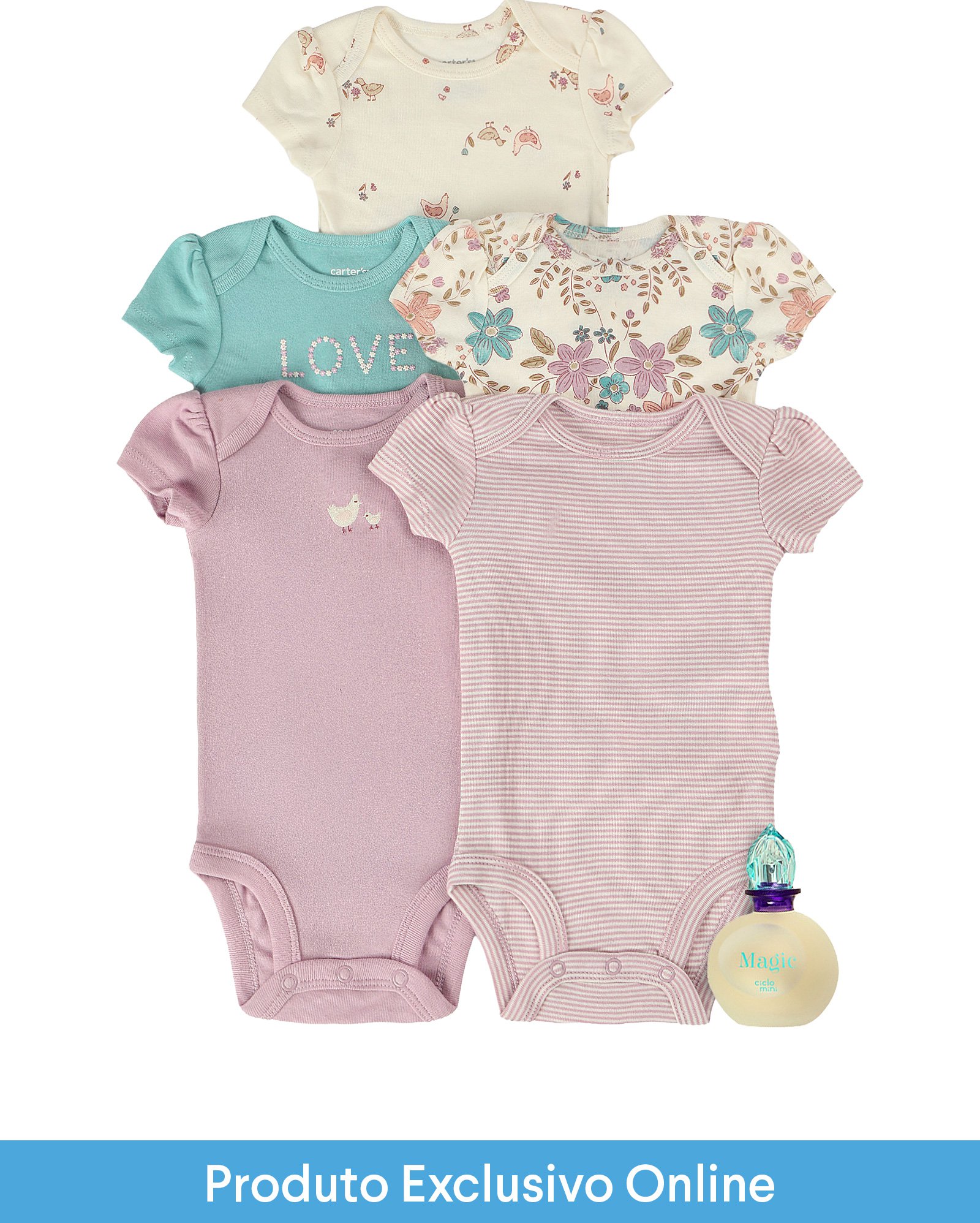 Enxoval bebê body 5 peças e caixa de presente M multicor Carter's + colônia Mini Magic 100ml com lata Ciclo