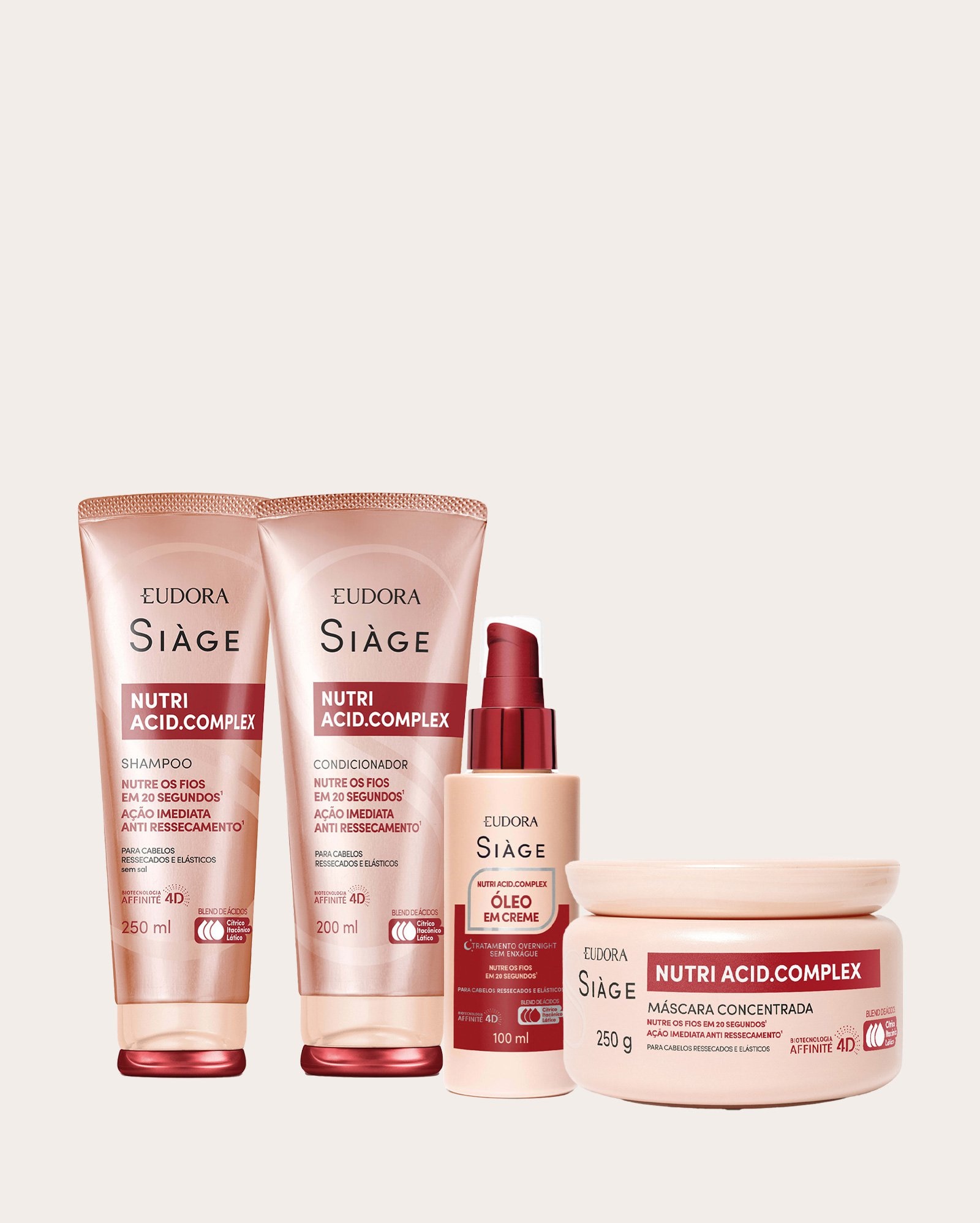 Kit shampoo 250ml + condicionador 200ml + máscara 250g + óleo capilar Nutri Acid.Complex 100ml | Eudora