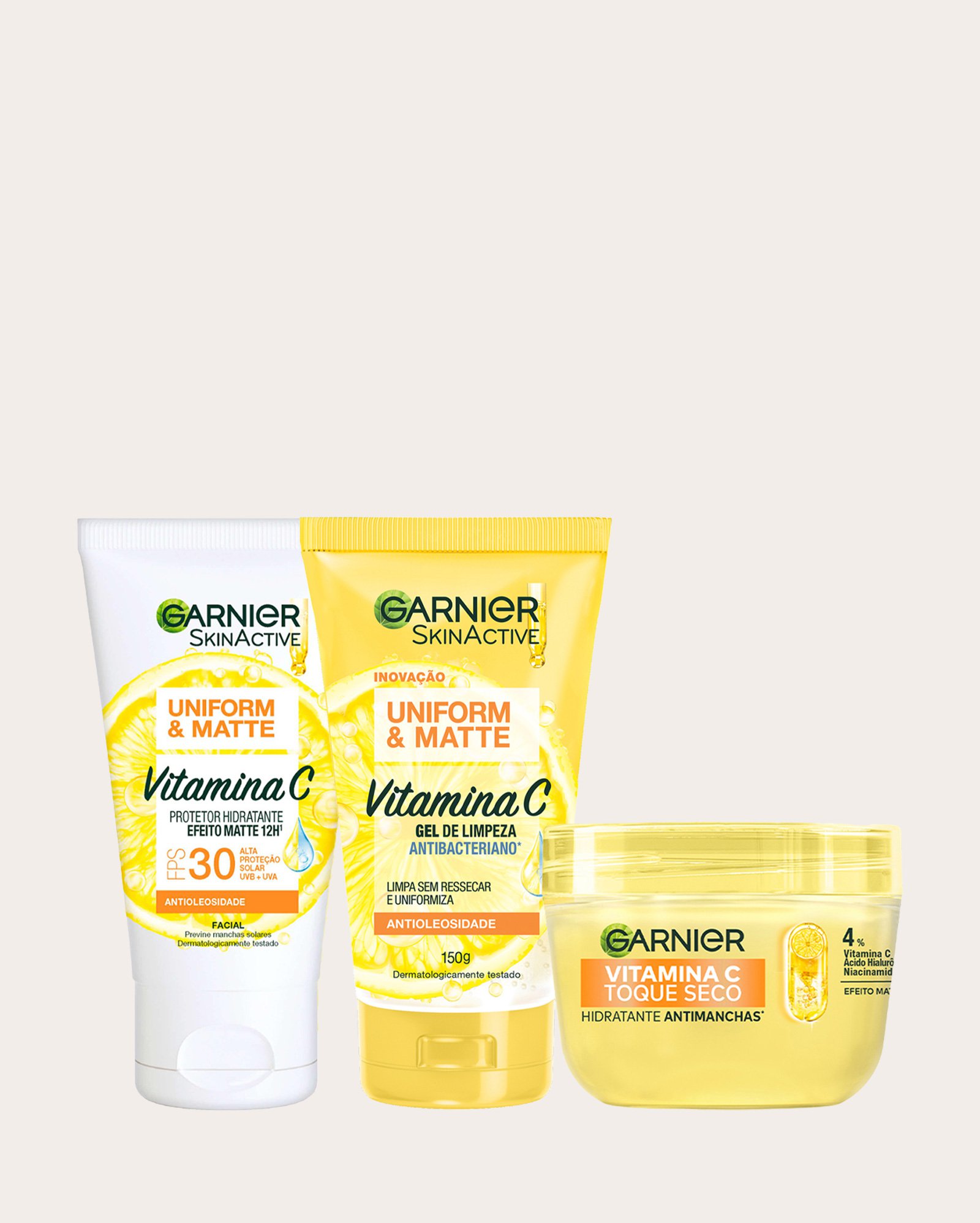 Kit gel de limpeza antibacteriano 150g + hidratante antimanchas 85g + protetor Skin Active vitamina C FPS 30 40g | Garnier