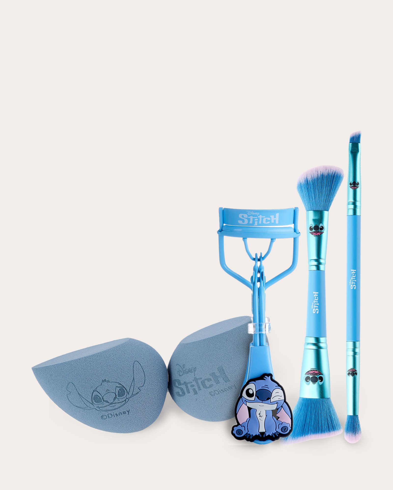 Kit pincel para face + pincel para olhos + modelador de cílios + esponja de maquiagem 2 peças Stitch azul | be.U