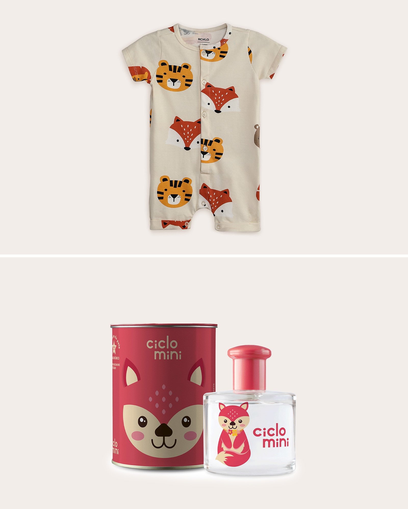 Kit macaquinho bebê bege + água de colônia bebê Raposete 100ml com lata Ciclo