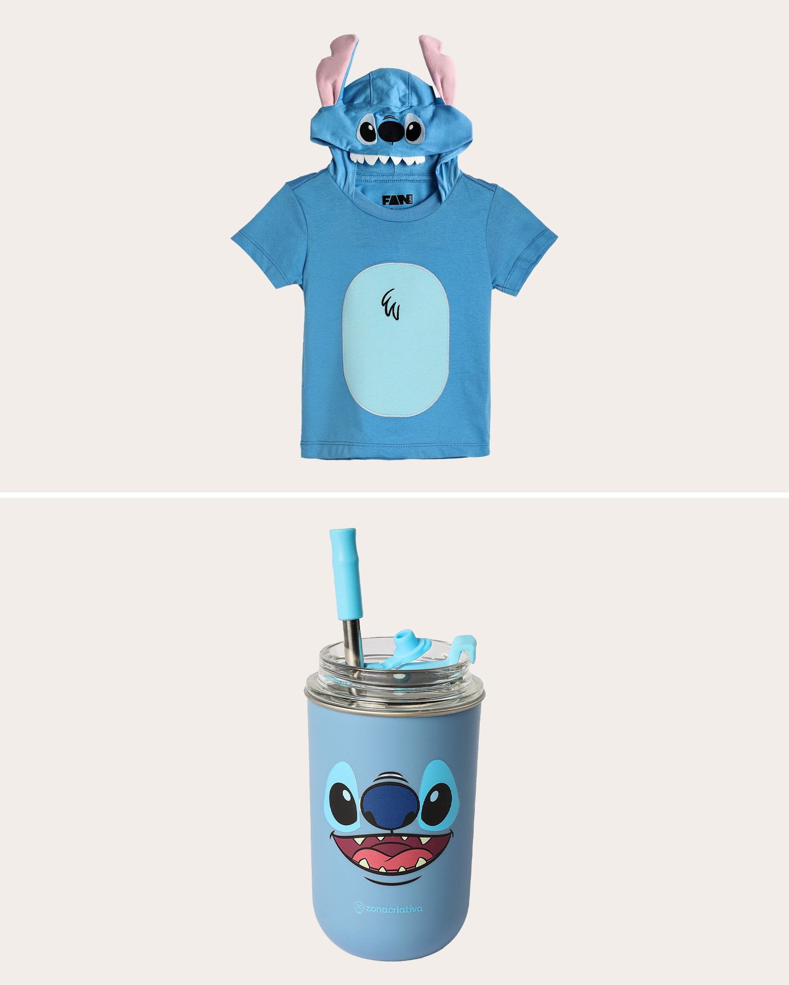 Kit camiseta infantil com capuz 2-8A + copo de metal Stitch 300ml multicor | FANLAB