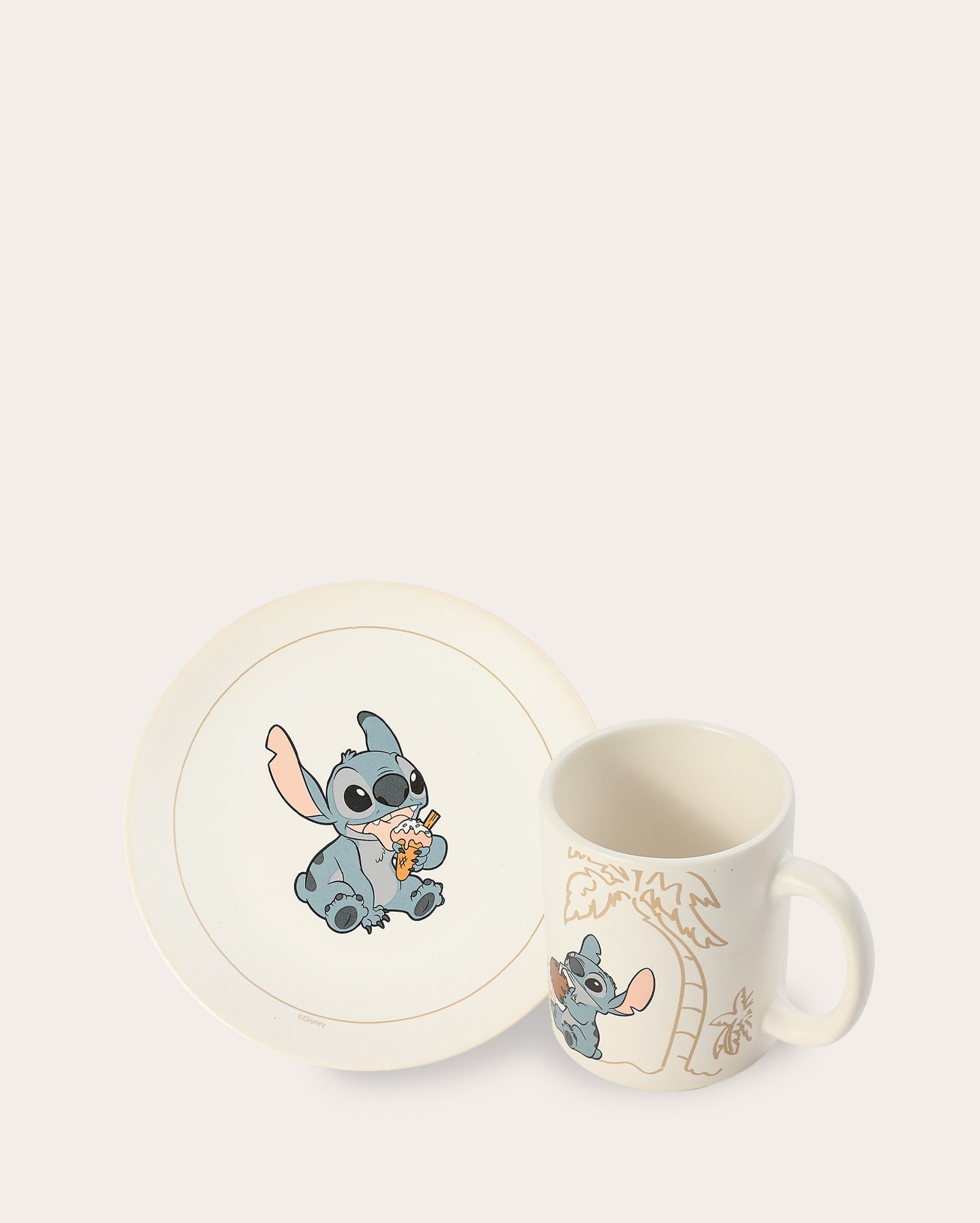 Conjunto prato de sobremesa 20cm + caneca Stitch surf 300ml bege | Casa Riachuelo