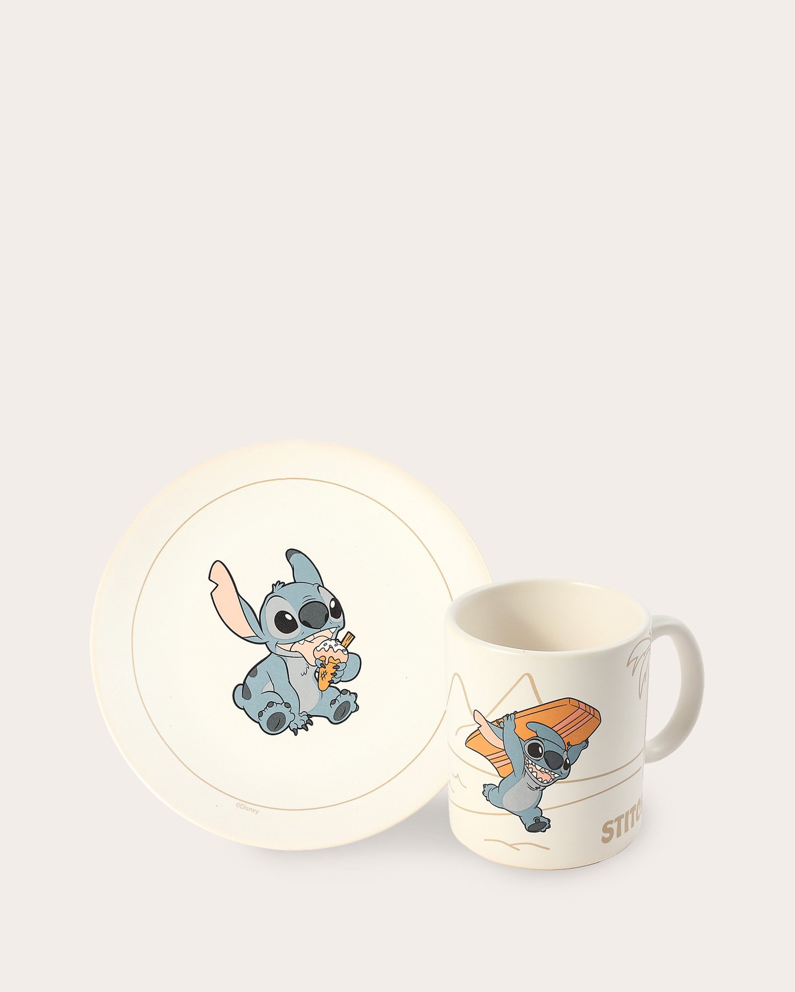 Conjunto prato de sobremesa 20cm + caneca Stitch surf 300ml bege | Casa Riachuelo