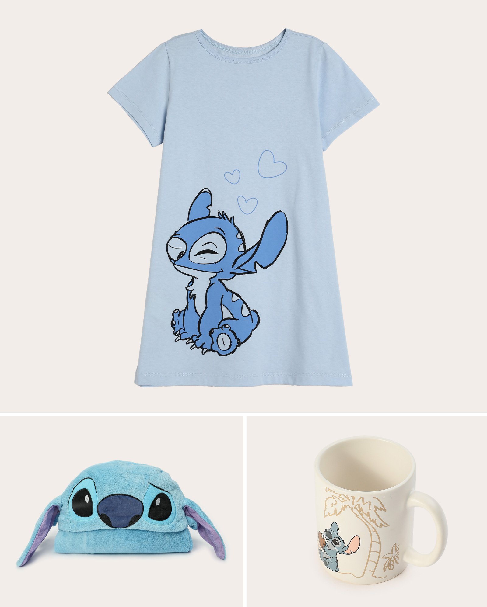 Kit camisola infantojuvenil 6-14A e caneca 300ml multicor Disney + manta com capuz Stitch azul Casa Riachuelo