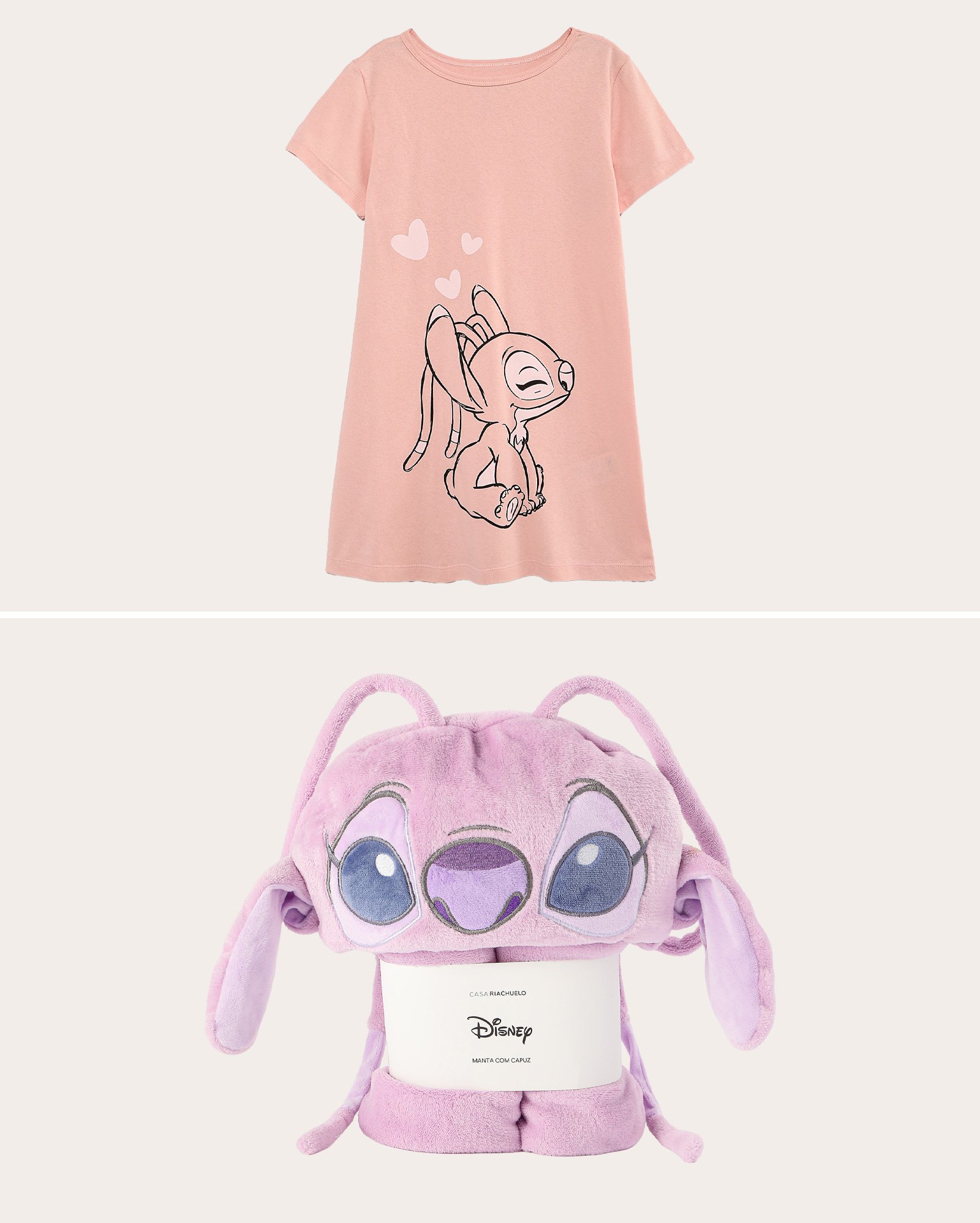 Kit camisola curta infantojuvenil 6-14A rosa Disney + manta com capuz Angel lilás Casa Riachuelo