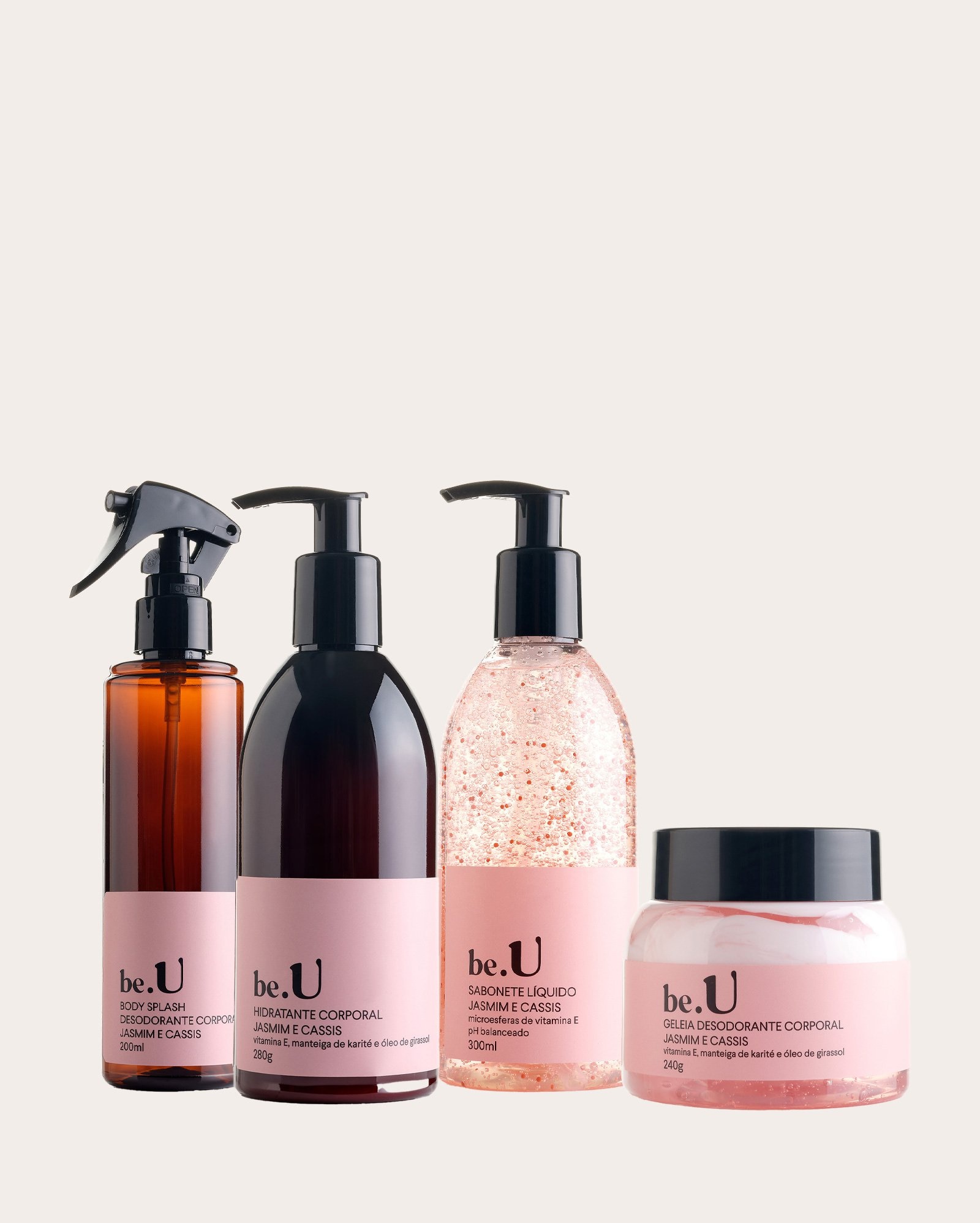 Kit body splash 200ml + sabonete líquido 300ml + hidratante 280g + geleia corporal Jasmin e Cassis 240g | be.U