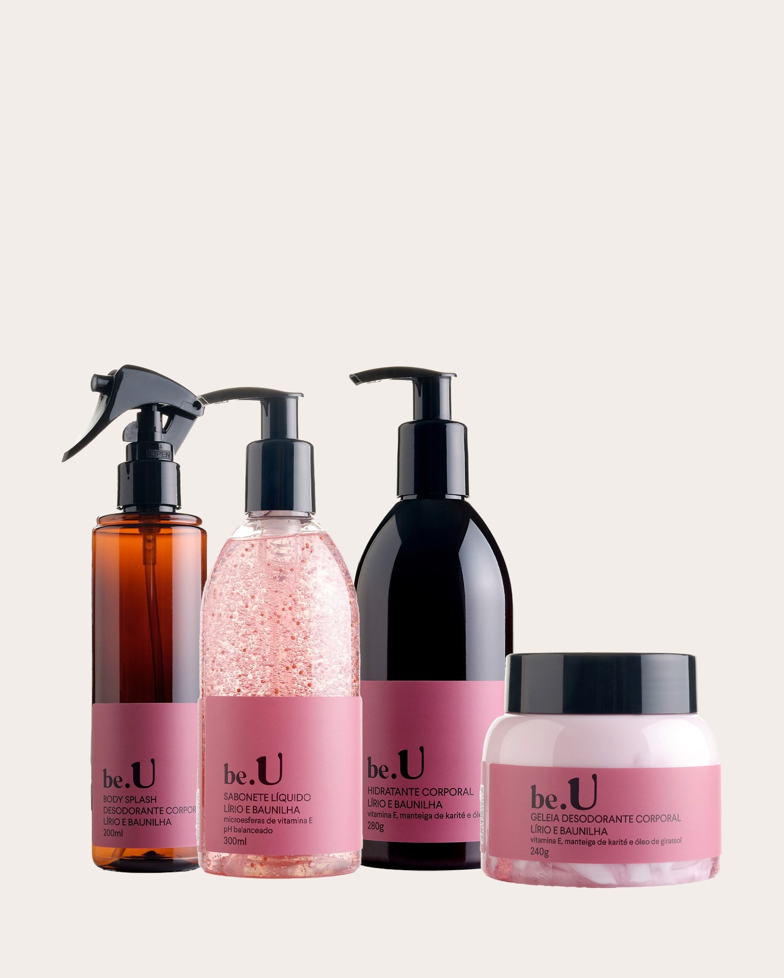Kit body splash 200ml + sabonete líquido 300ml + hidratante 280g + geleia corporal Lírio e Baunilha 240g | be.U