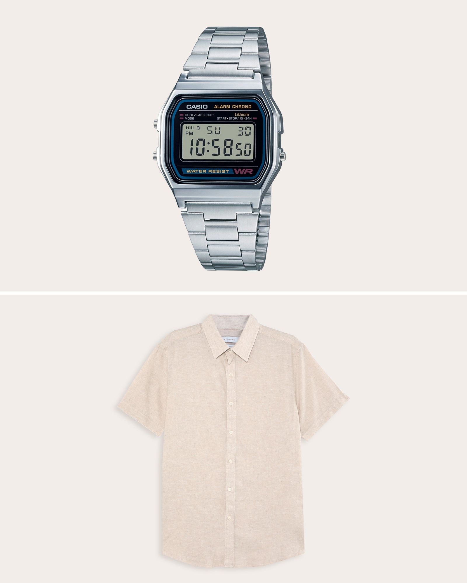 Kit relógio digital A158WA1DF - prata Casio + camisa masculina regular com linho - bege