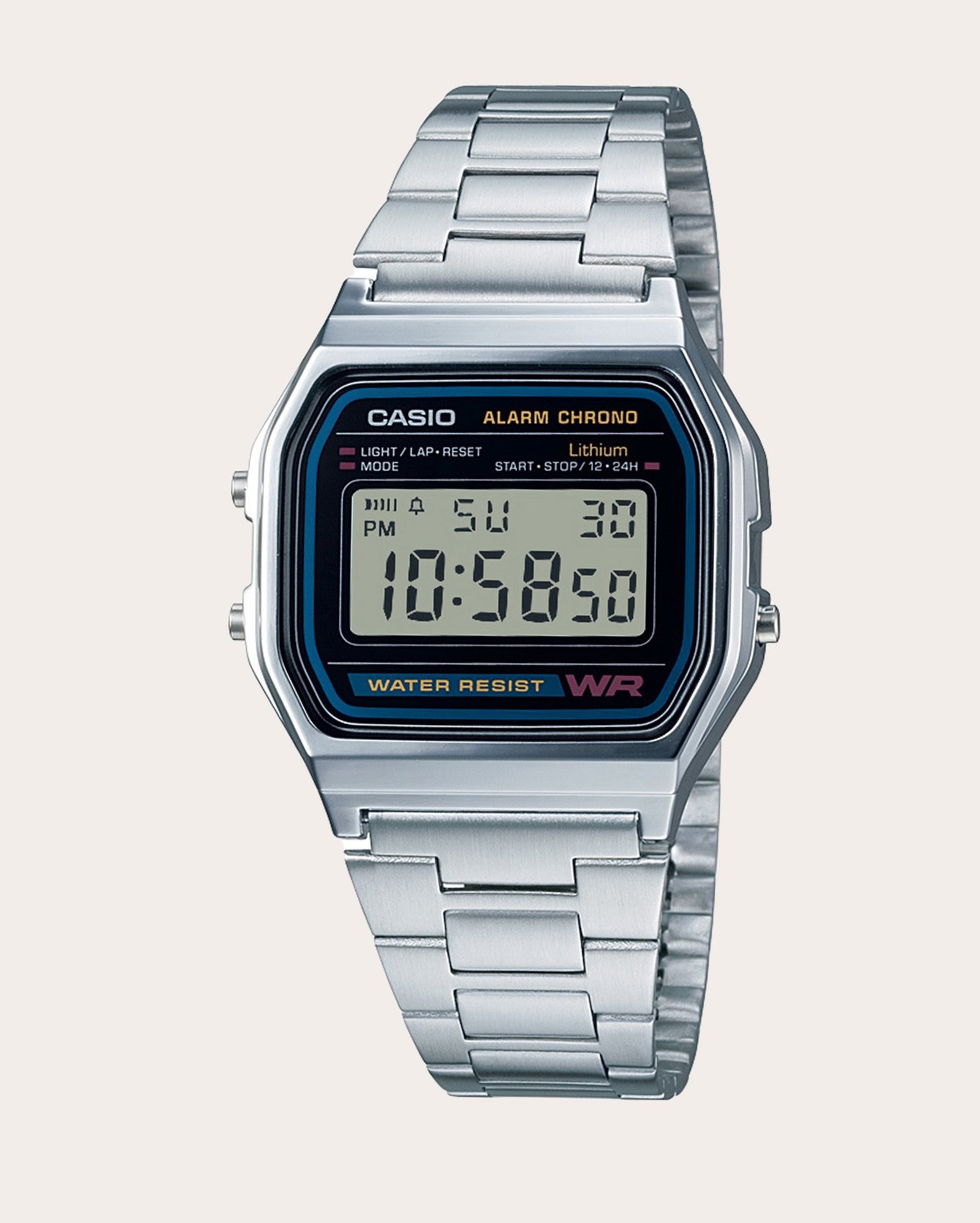 Kit relógio digital A158WA1DF - prata Casio + camisa masculina regular com linho - bege
