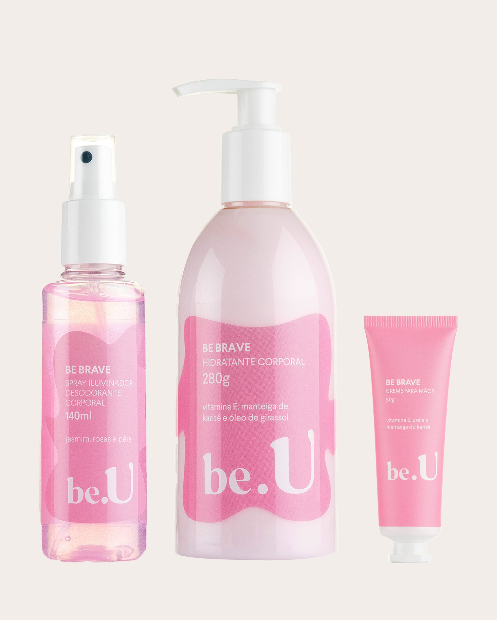 Kit body splash 140ml + hidratante corporal 280g + creme para as mãos Be Brave 50g | be.U