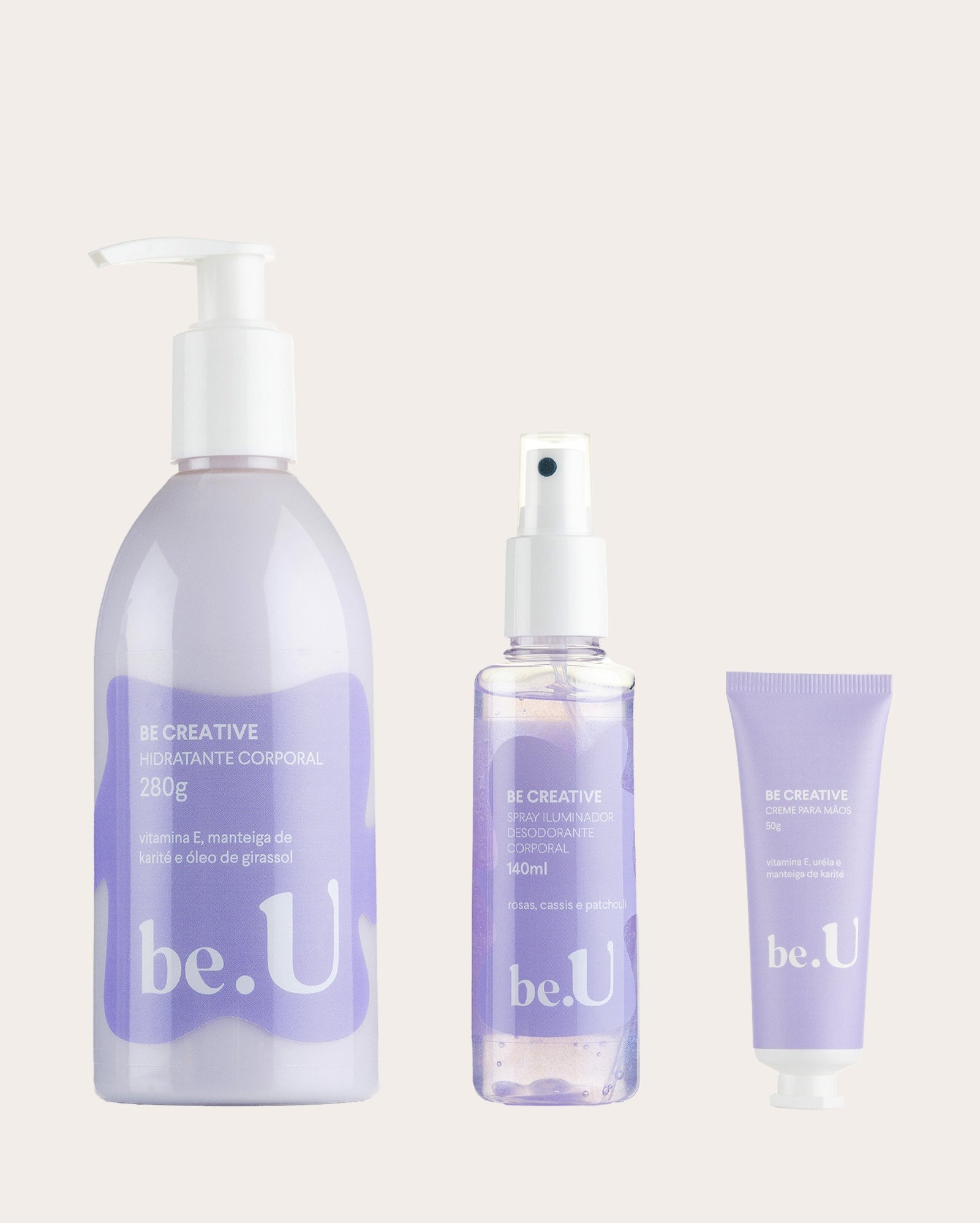 Kit body splash 140ml + hidratante corporal 280g + creme para as mãos Be Creative 50g | be.U