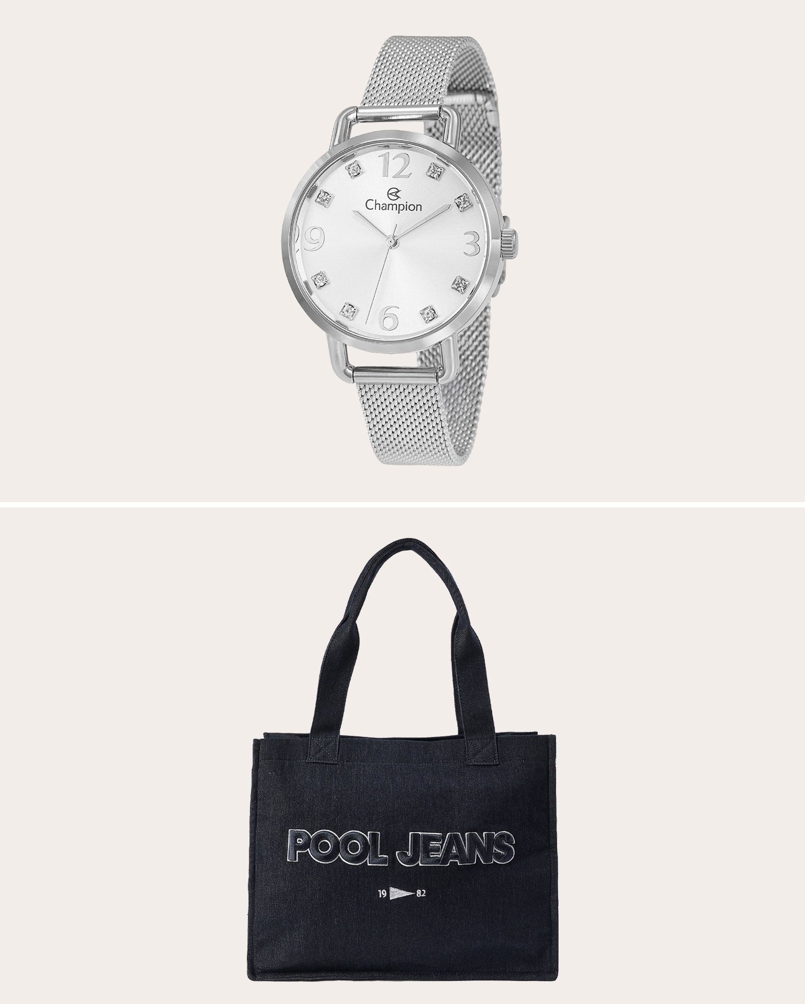 Kit relógio analógico feminino CF25572Q - prata Champion + bolsa jeans G - denim escuro Pool Jeans