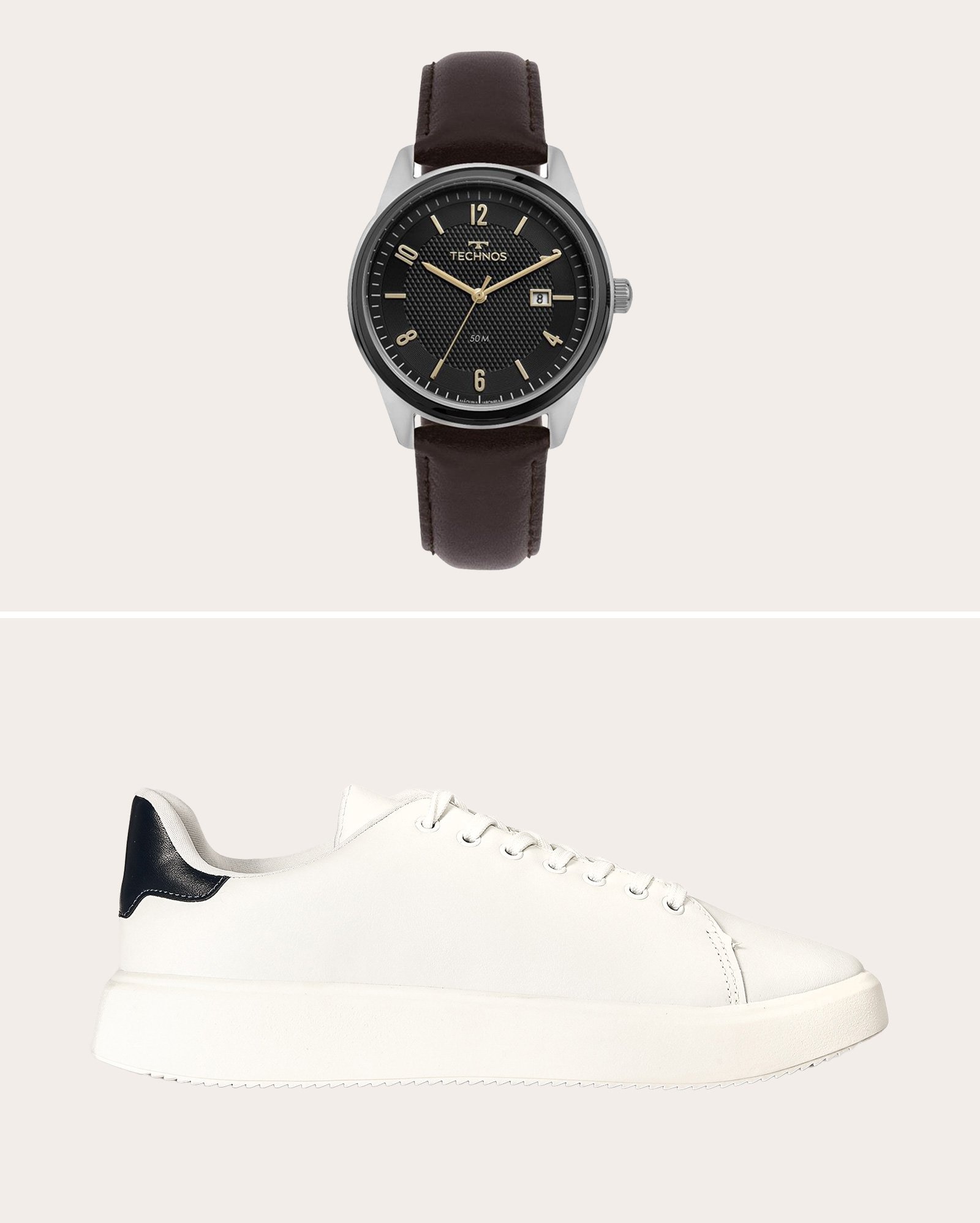 Kit relógio analógico 2115TYG 0P marrom Technos + tênis masculino casual - branco