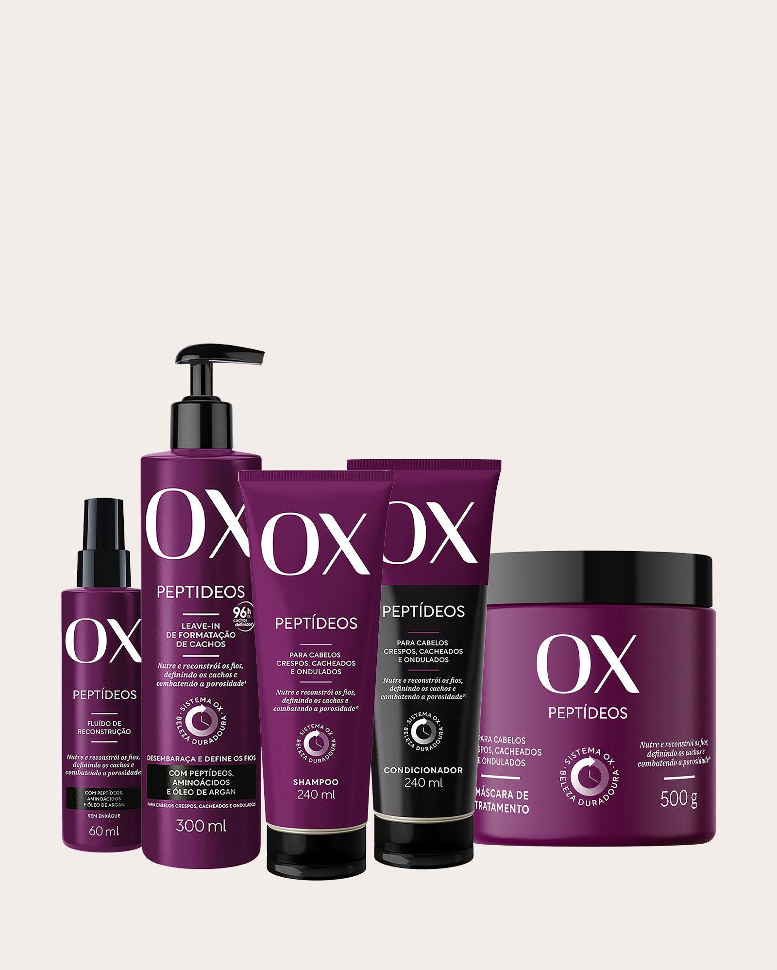 Kit shampoo 240ml + condicionador 240ml + máscara capilar 500g + fluído capilar 60ml + leave-in Peptídeos 300ml | OX Cosméticos