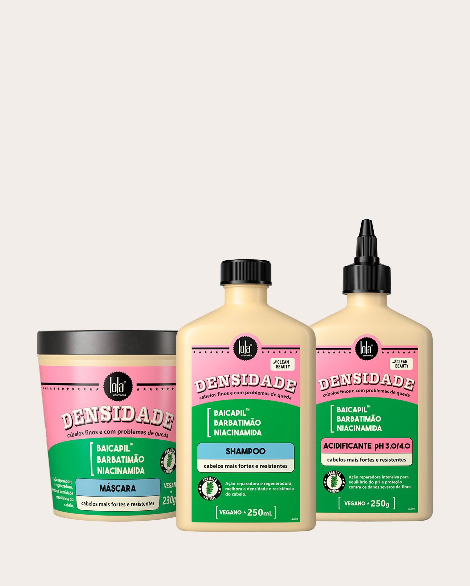 Kit shampoo 250ml + máscara capilar 230g + acidificante Densidade 250g | Lola Cosmetics