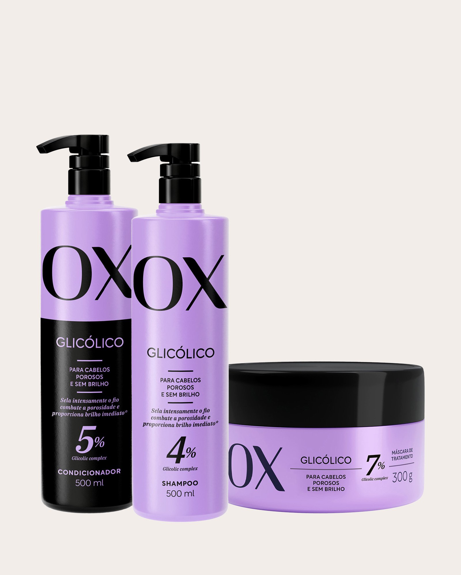 Kit shampoo 500ml + condicionador 500ml + máscara capilar Glicólico 300g | OX Cosméticos