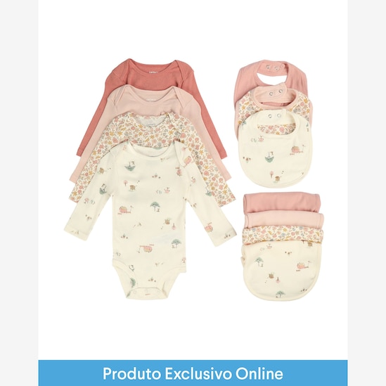 Enxoval bebê body 4 peças + babador 3 peças + paninho de ombro 4 peças + caixa de presente M - multicor | Carter's
