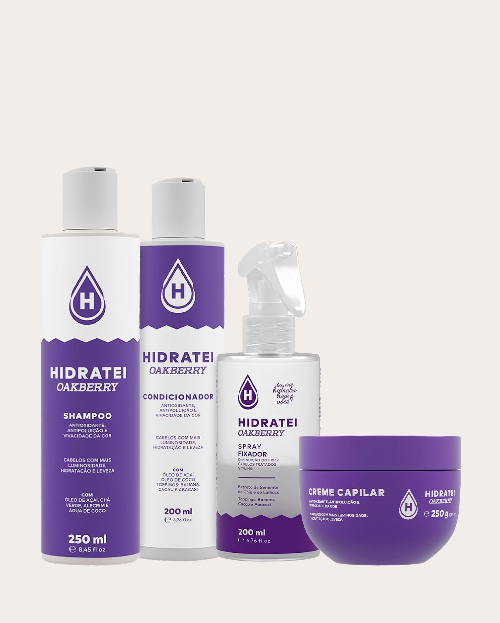 Kit shampoo 250ml + condicionador 200ml + creme capilar 250g + spray fixador Oakberry 200ml | Hidratei