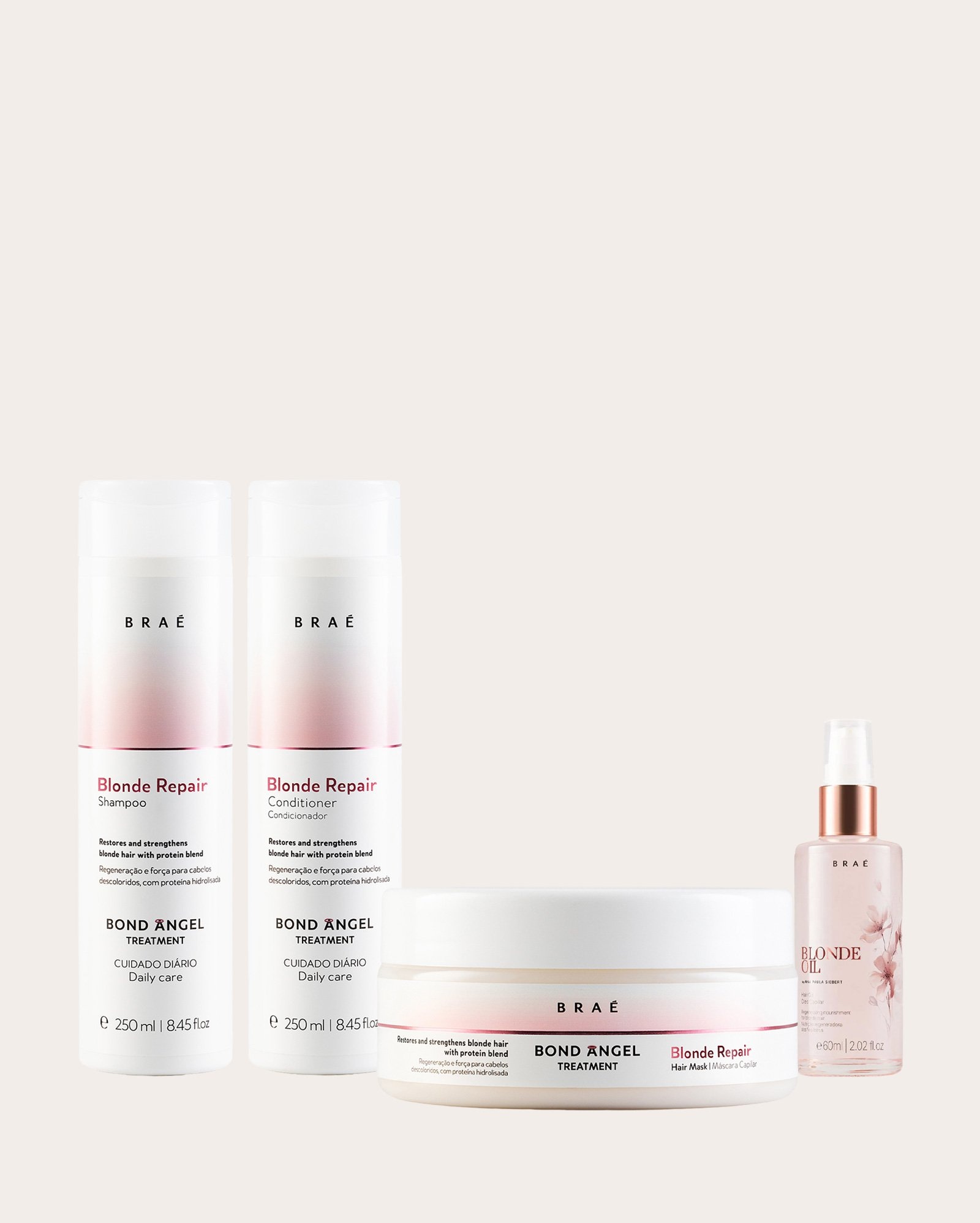 Kit shampoo 250ml + condicionador 250ml + máscara 200g + óleo Blonde Oil 60ml | Braé