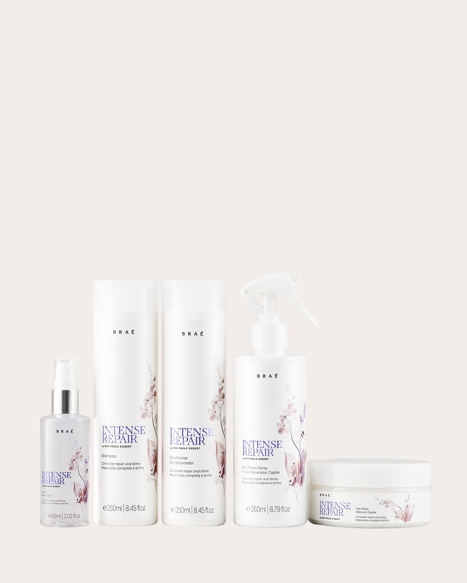 Kit shampoo 250ml + condicionador 250ml + máscara 200g + fluido reparador 260ml + óleo capilar Intense Repair by Ana Paula Siebert 60ml | Braé