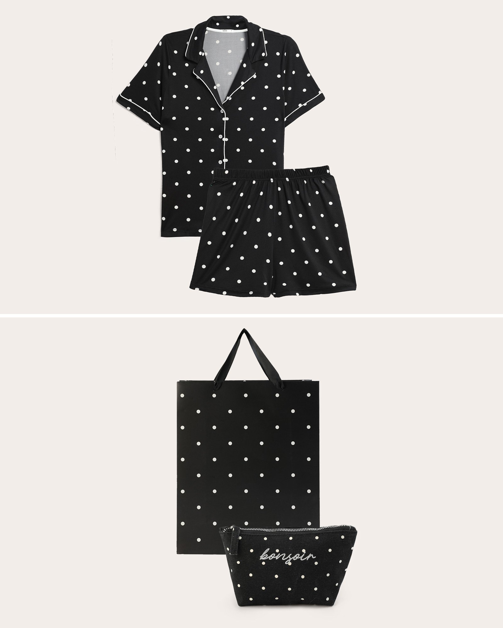 Kit pijama curto feminino americano + necessaire + sacola de presente M - preto
