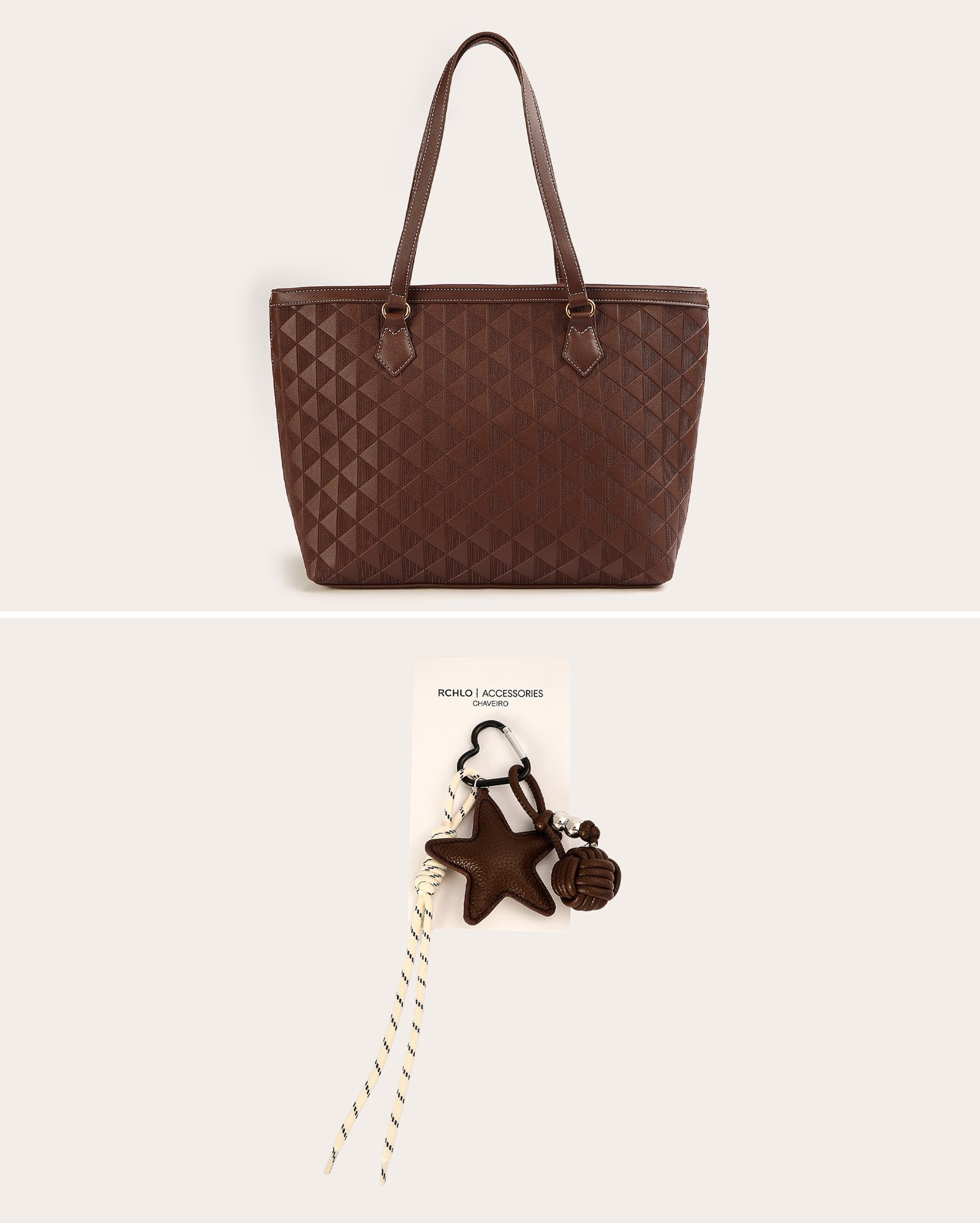 Kit bolsa feminina tote monograma + chaveiro estrela - marrom
