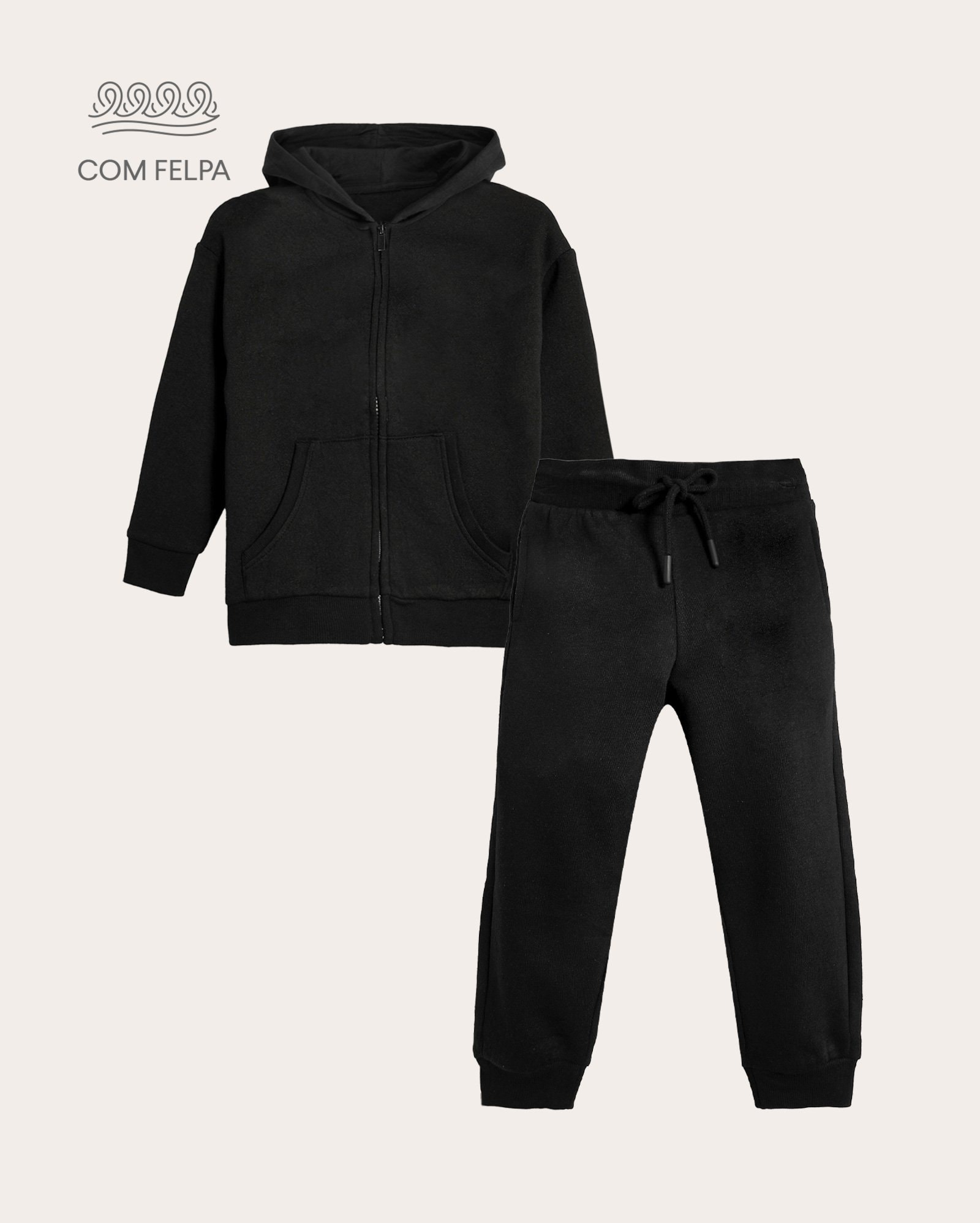 Conjunto longo de moletom infantil 2 peças com felpa básico 1-6A - preto