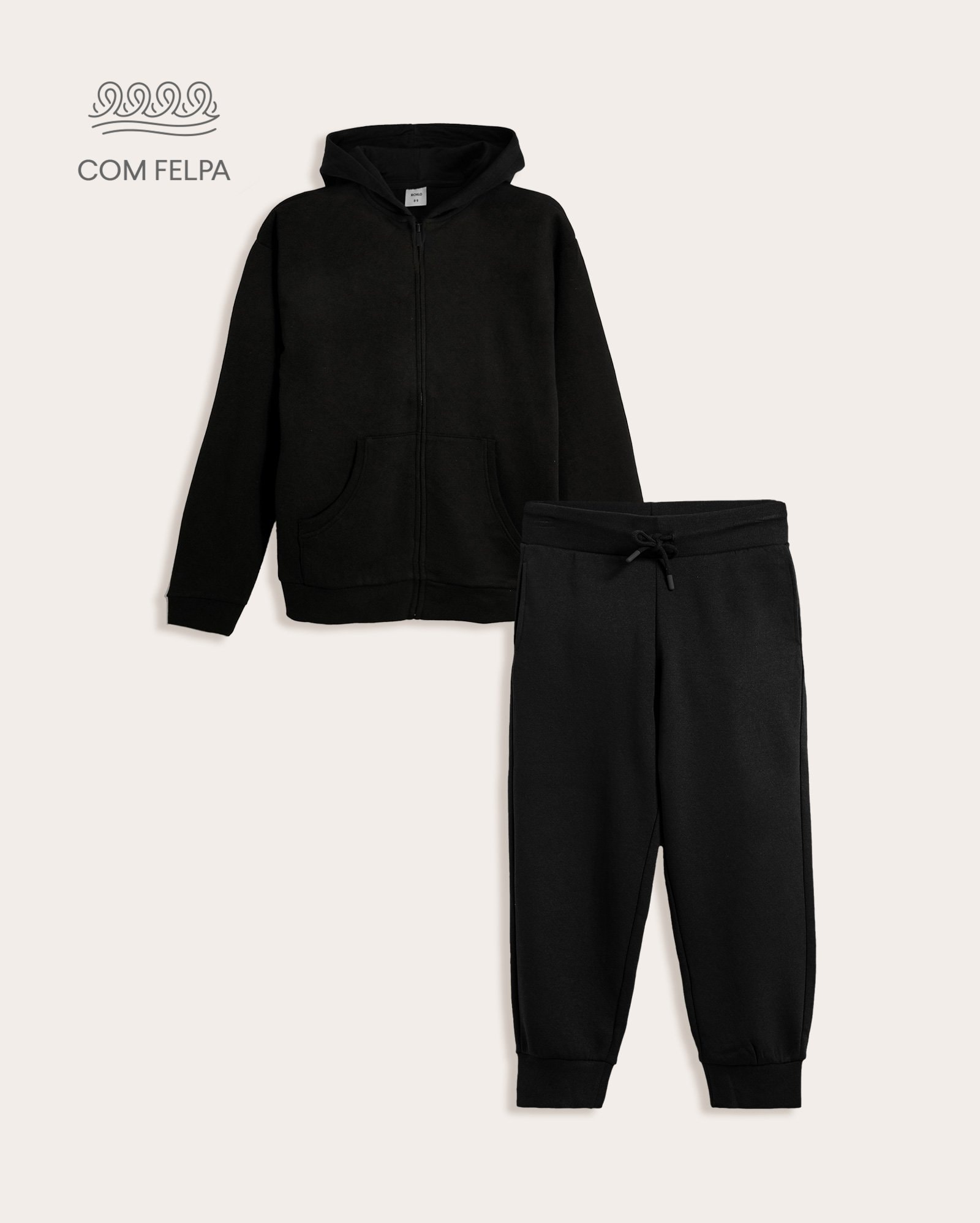 Conjunto longo de moletom infantil 2 peças com felpa básico 6-14A - preto