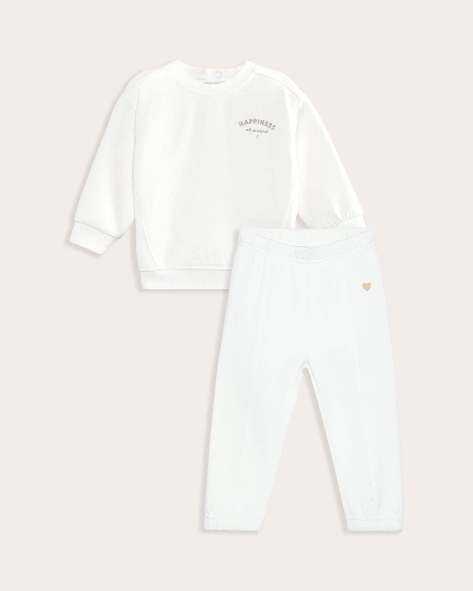 Conjunto longo de moletom bebê 2 peças sem felpa coração - branco