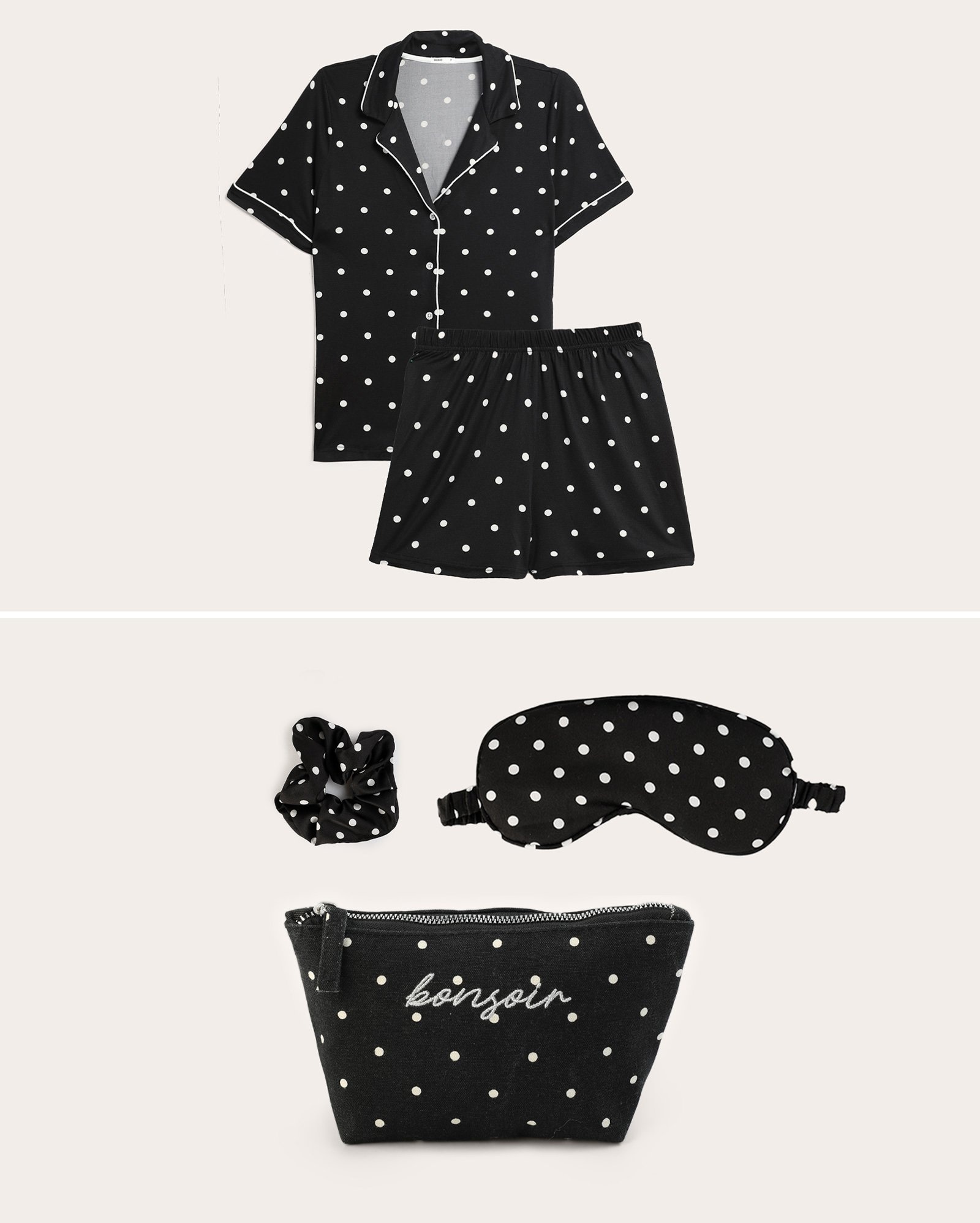 Kit pijama curto feminino americano + necessaire + máscara e scrunchie poá - preto